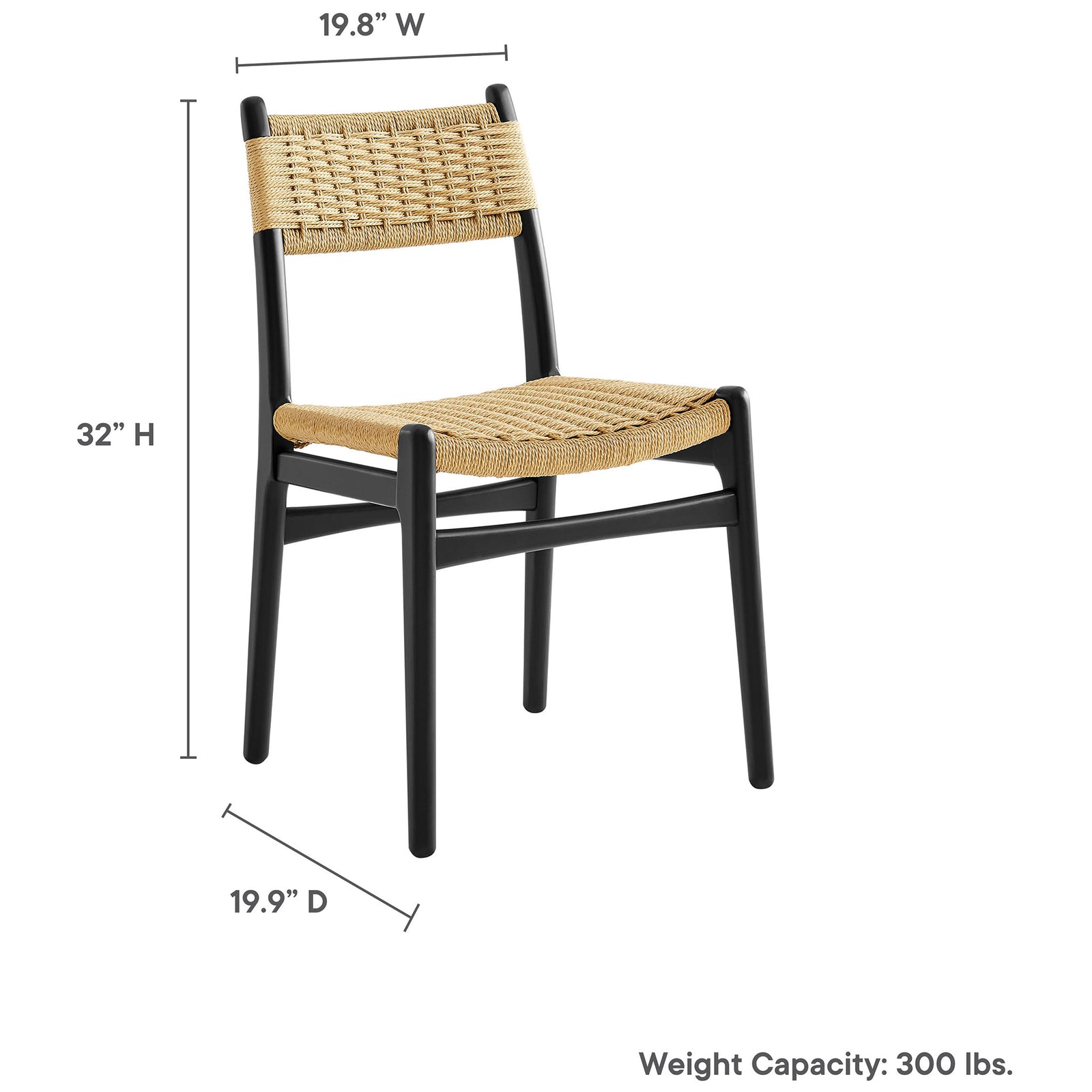 Dining chair with woven rope seat and back shown with overall height width and depth measurements || EEI-7044-BLK-NAT || dimension_studio