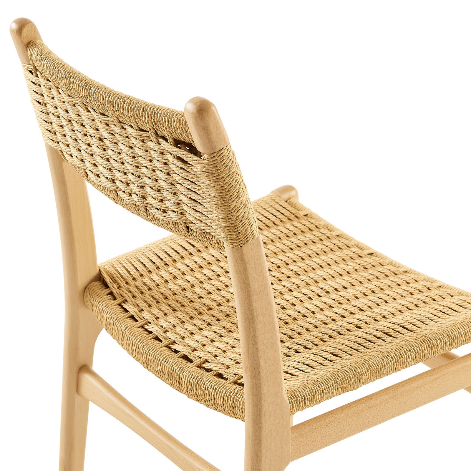 Handwoven rope seat and backrest create an airy grid pattern over the light beech wood frame. || EEI-7044-NAT-NAT || detail_studio