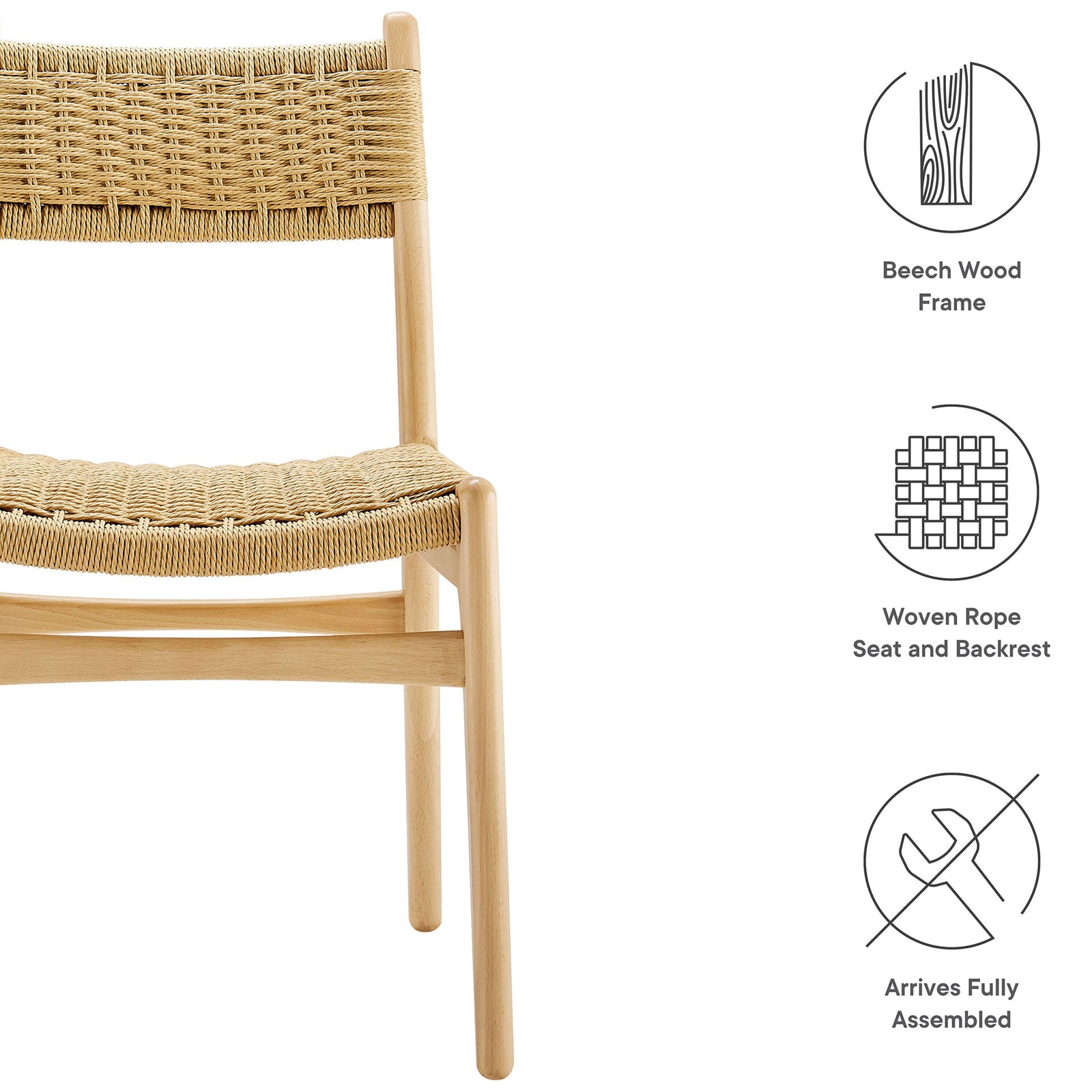 Feature highlights showing beech wood frame, woven rope seat and backrest, and arrives fully assembled. || EEI-7044-NAT-NAT || callout_studio