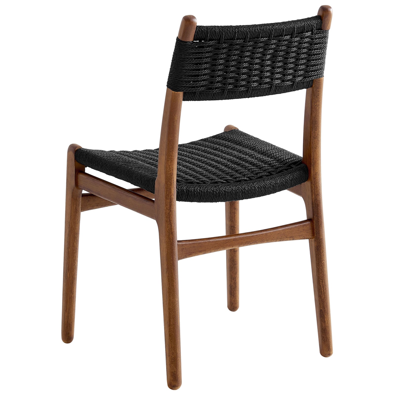 Back of rope and wood dining chair featuring woven black backrest and sturdy cross supports || EEI-7044-WAL-BLK || back_angle_studio