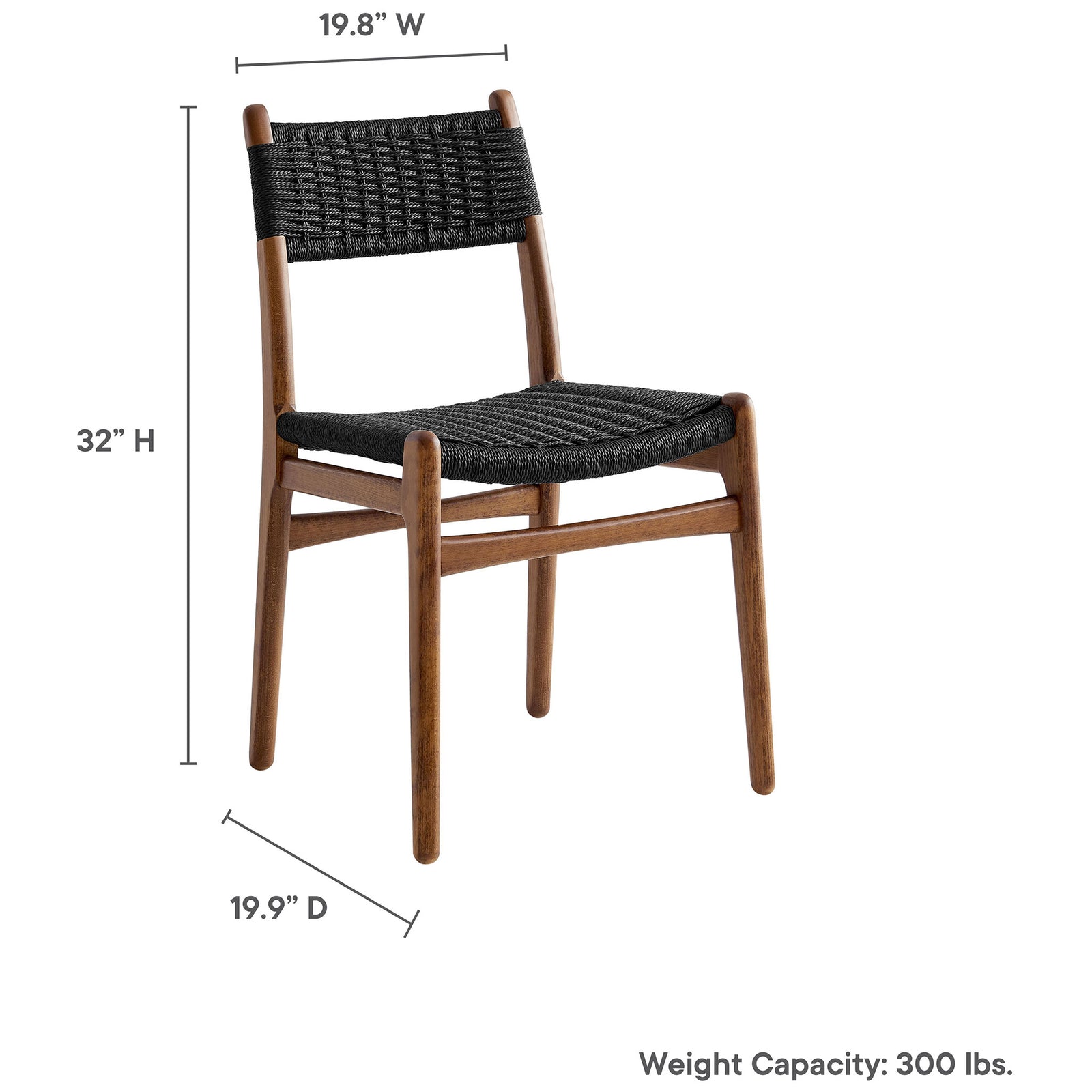 Dimension graphic for black rope and walnut dining chair with labeled height, width, depth, and weight limit || EEI-7044-WAL-BLK || dimension_studio