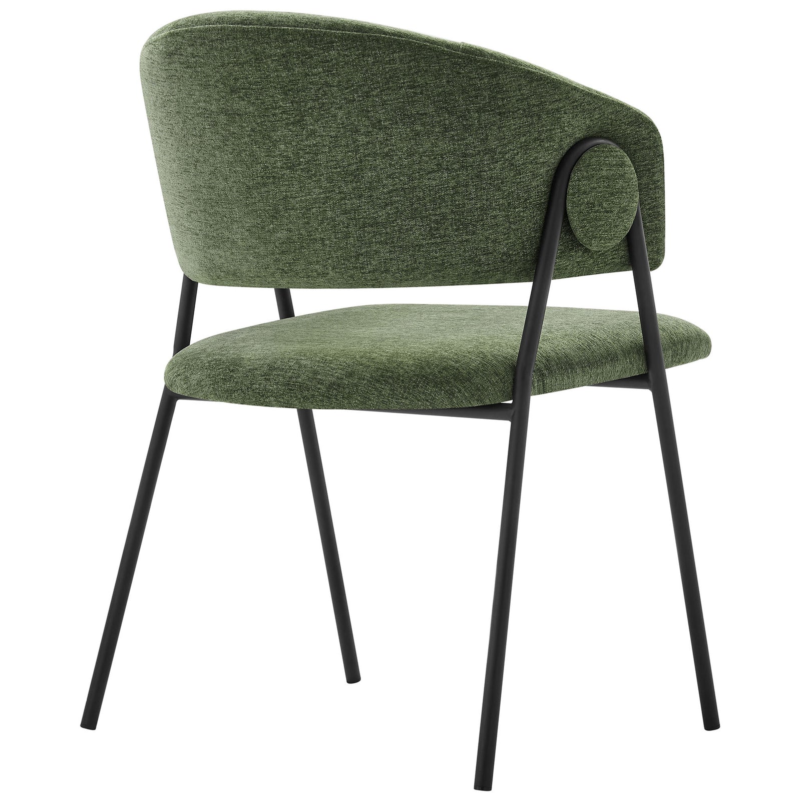 Green chenille dining chair showcasing wraparound backrest and round side button detail on black frame || EEI-7045-EUC-BLK || back_angle_studio