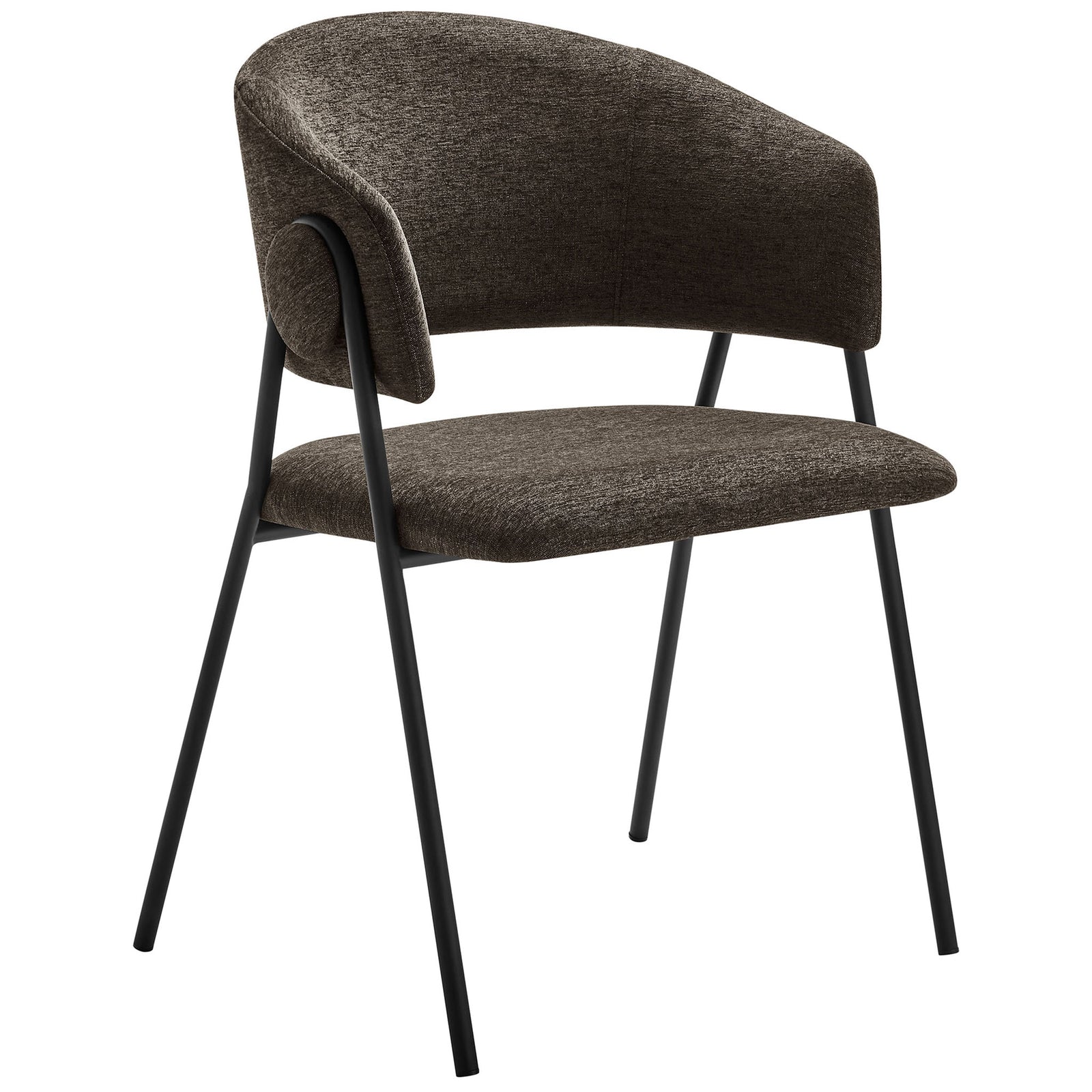 Curved heathered chenille dining chair in java black with open back and splayed metal legs || EEI-7045-JAV-BLK || front_angle_studio
