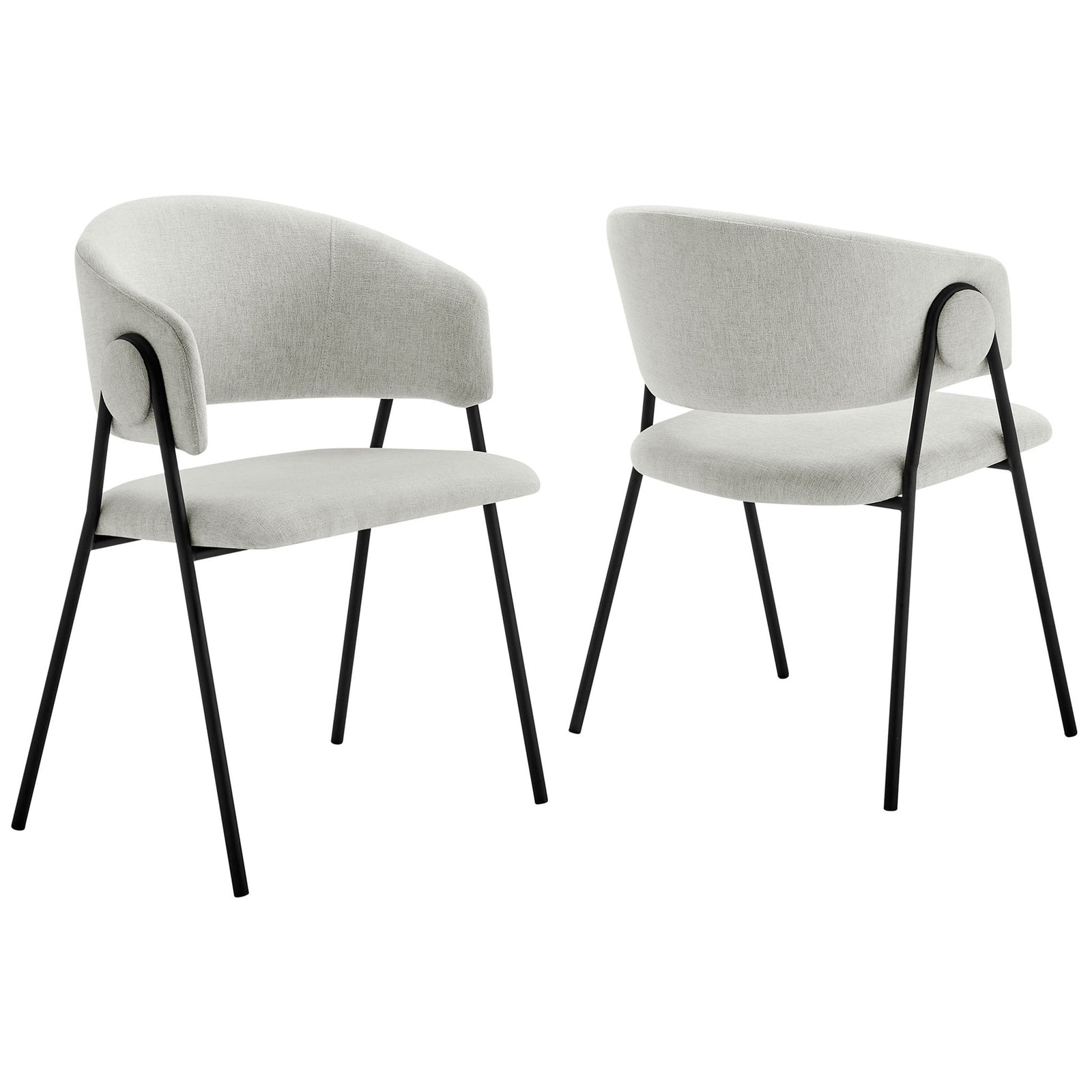Pair of heathered chenille barrel dining chairs with open sides and slender black metal legs || EEI-7045-NPT-BLK || front_angle_multi_studio