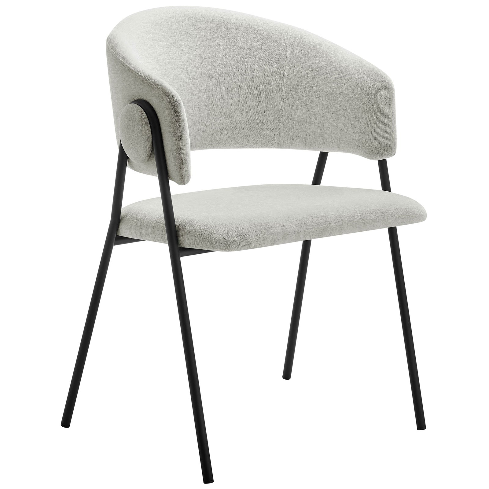 Heathered chenille dining chair with curved barrel back and airy gap between backrest and cushioned seat || EEI-7045-NPT-BLK || front_angle_studio