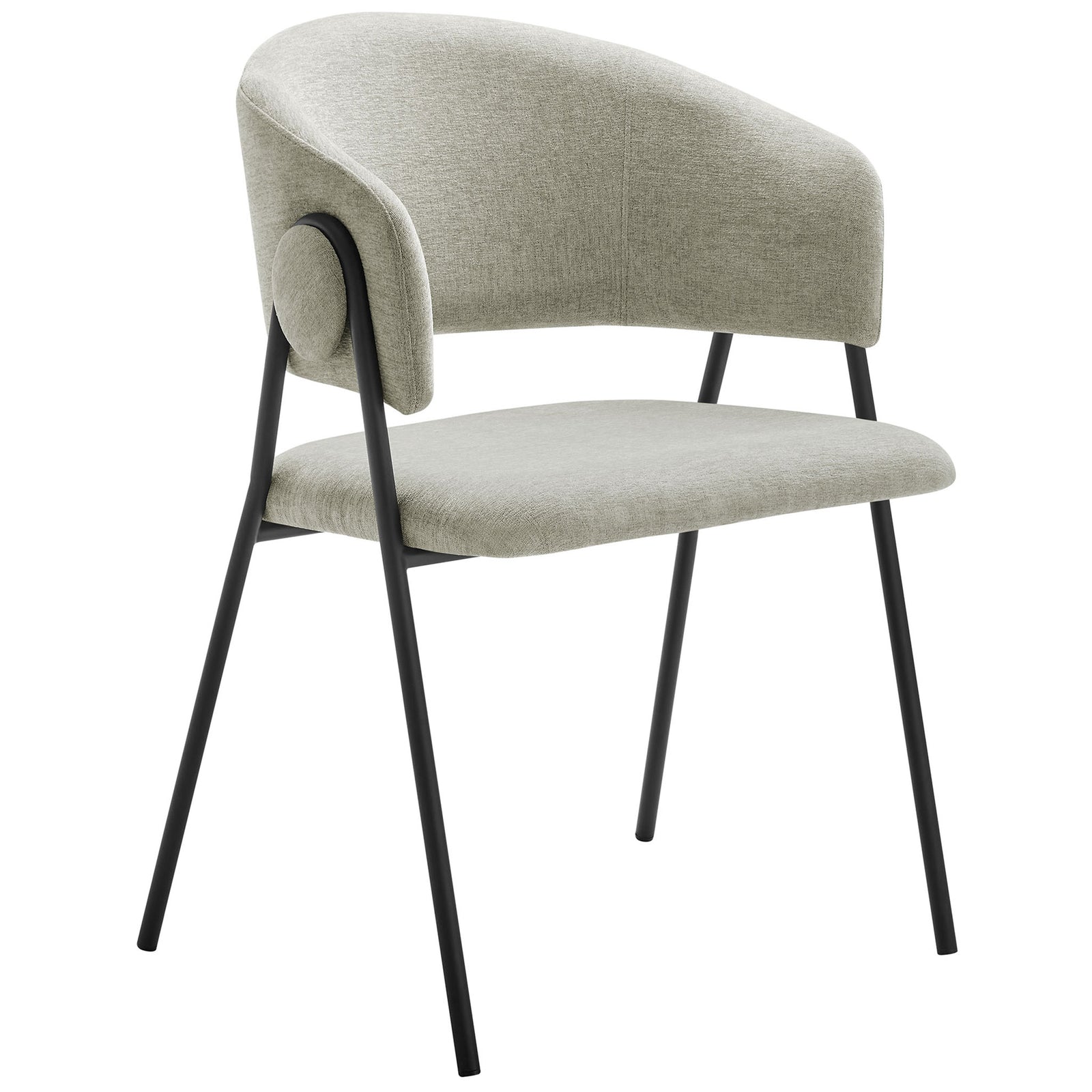 Curved taupe chenille dining chair with open back and slim black metal legs. || EEI-7045-TAU-BLK || front_angle_studio