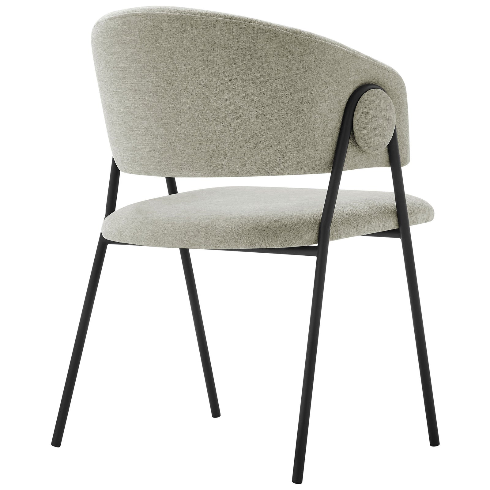 Taupe upholstered dining chair with gently wrapped back and round side accent. || EEI-7045-TAU-BLK || back_angle_studio
