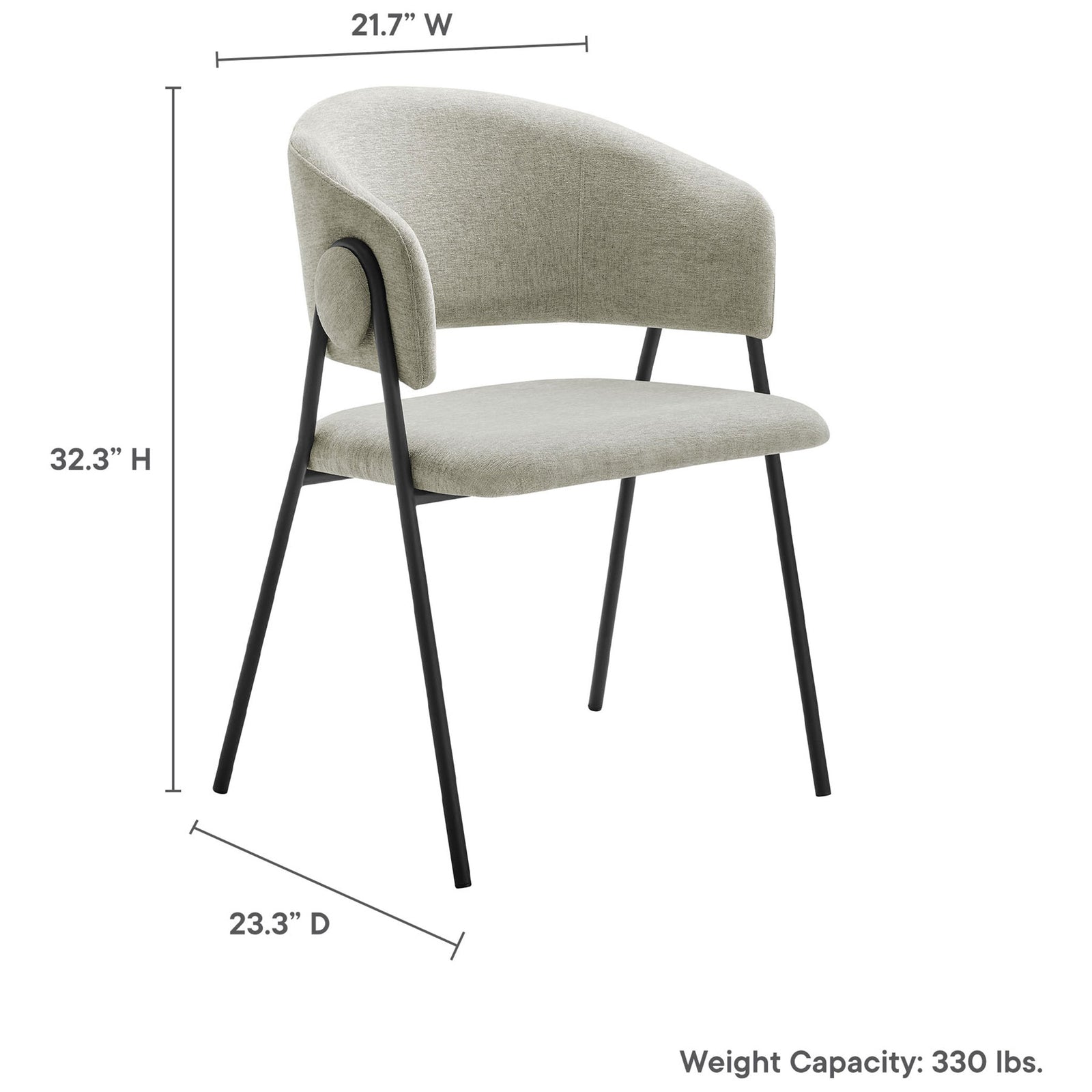 Dimensions and weight capacity of the taupe chenille dining chair with sturdy metal frame. || EEI-7045-TAU-BLK || dimension_studio