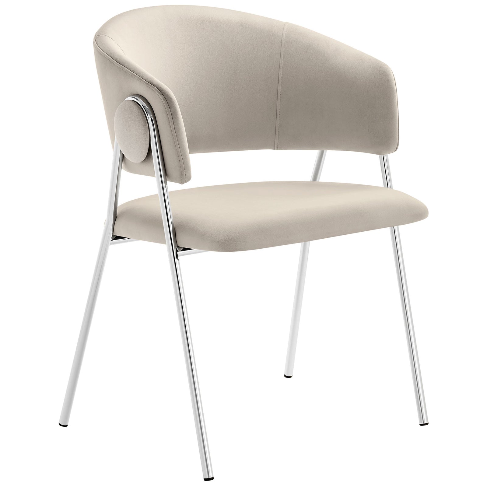 Almond silver performance velvet dining chair showcasing the open back barrel silhouette and round side accents. || EEI-7046-ALM-SLV || front_angle_studio