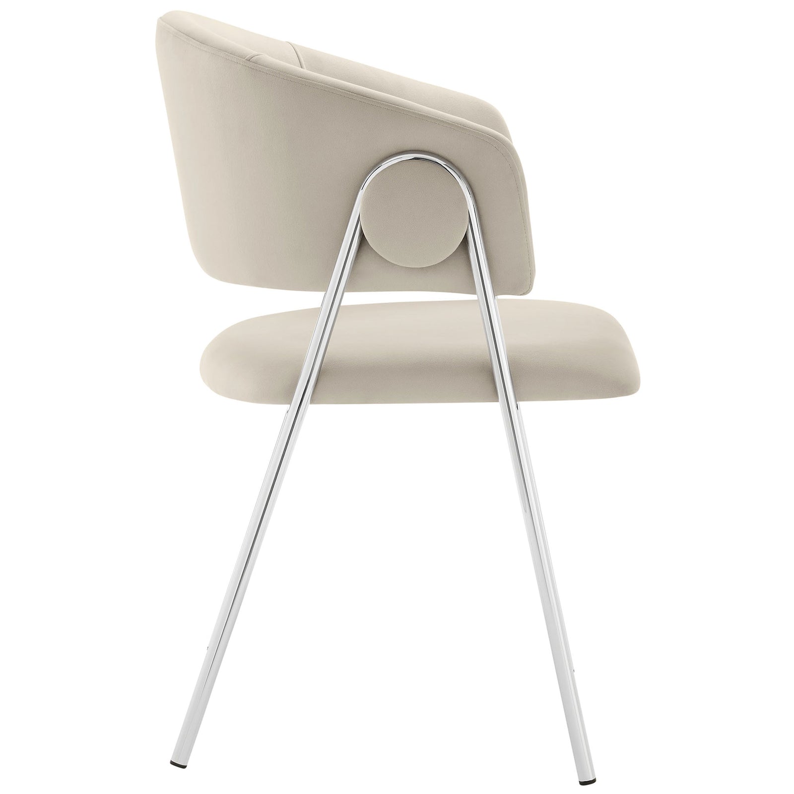 Sleek side profile of the almond silver velvet dining chair with splayed chrome legs and tailored upholstery. || EEI-7046-ALM-SLV || side_studio