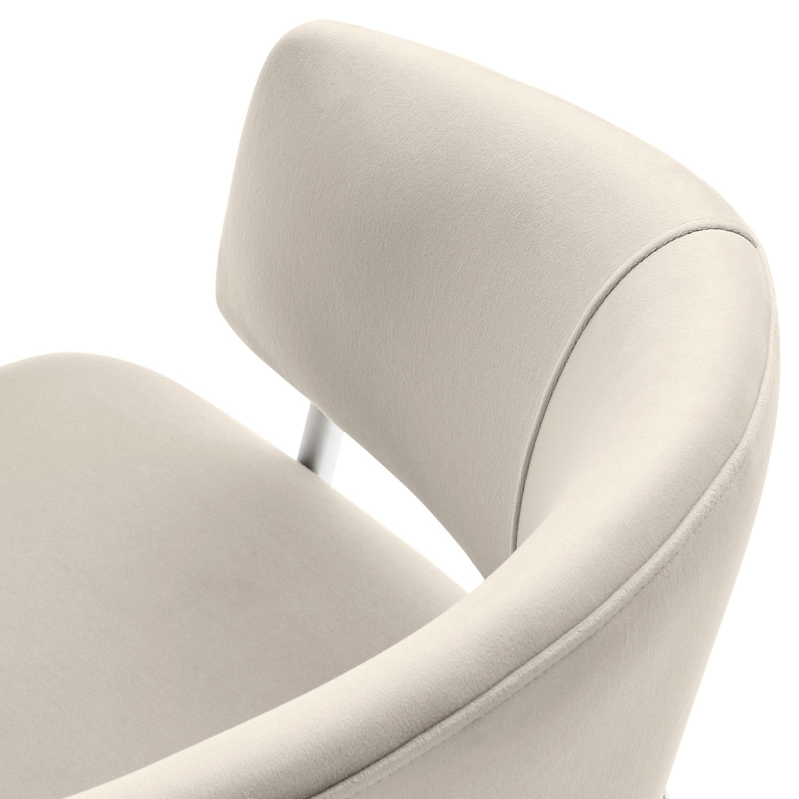 Almond silver velvet upholstery and smooth curved backrest showcasing the plush, supportive seating design. || EEI-7046-ALM-SLV || detail_studio