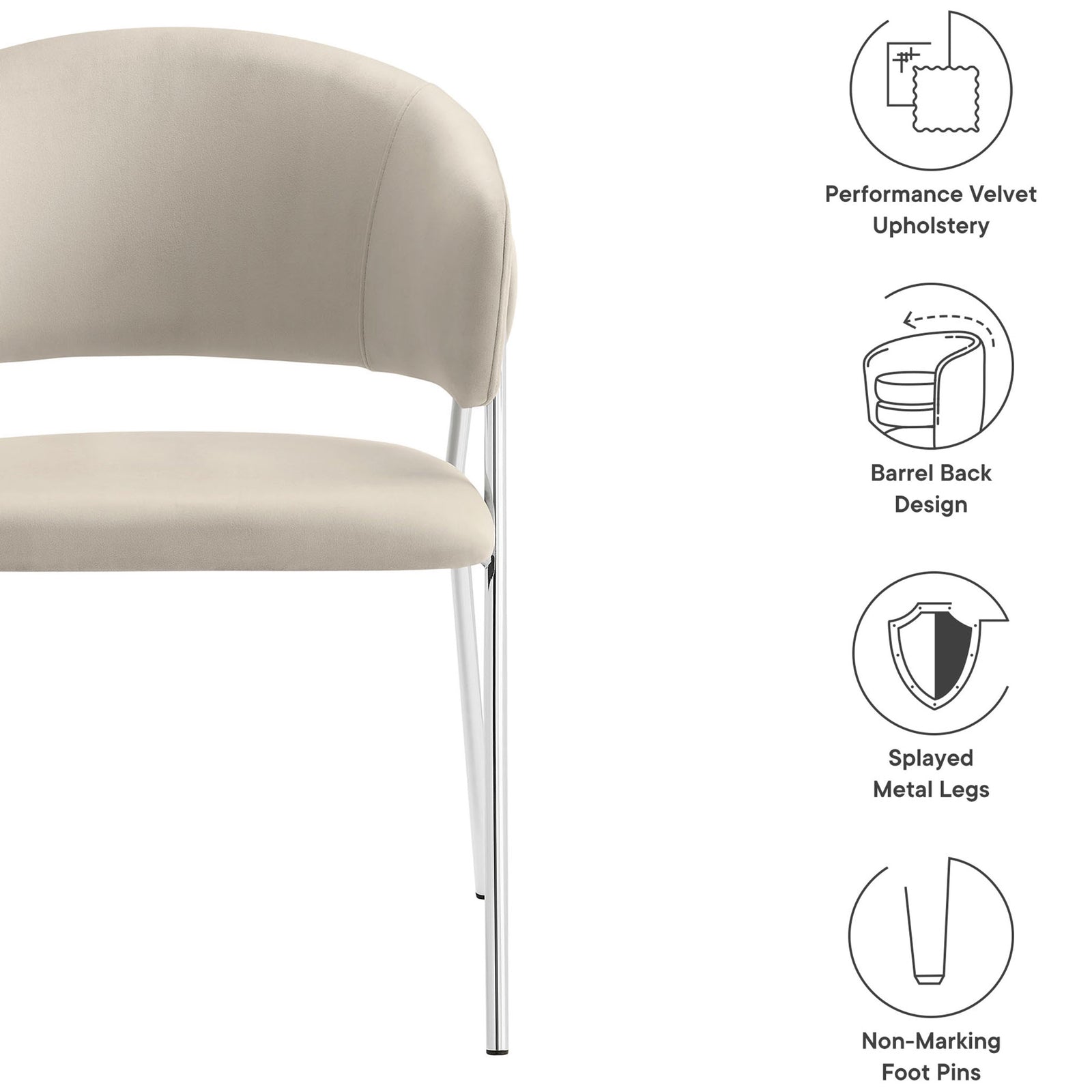 Almond silver velvet dining chair with barrel back and chrome legs, with feature icons for floor protection. || EEI-7046-ALM-SLV || callout_studio