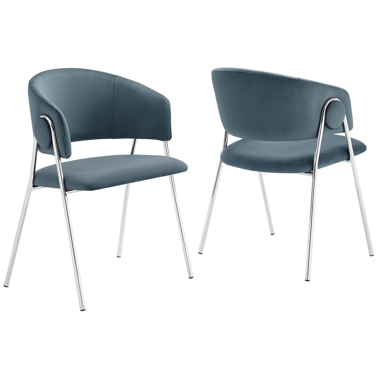 Pair of cadet blue velvet dining chairs with slim chrome legs, perfect for stylish modern tables. || EEI-7046-CAD-SLV || front_angle_multi_studio