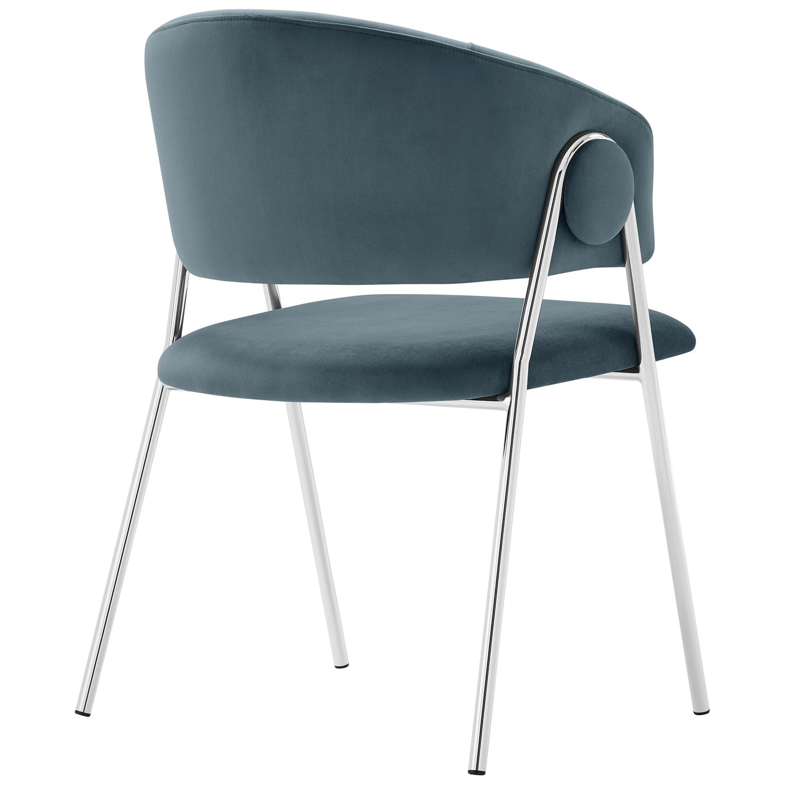 Cadet blue dining chair featuring a barrel silhouette and airy open-back design with rounded sides. || EEI-7046-CAD-SLV || back_angle_studio