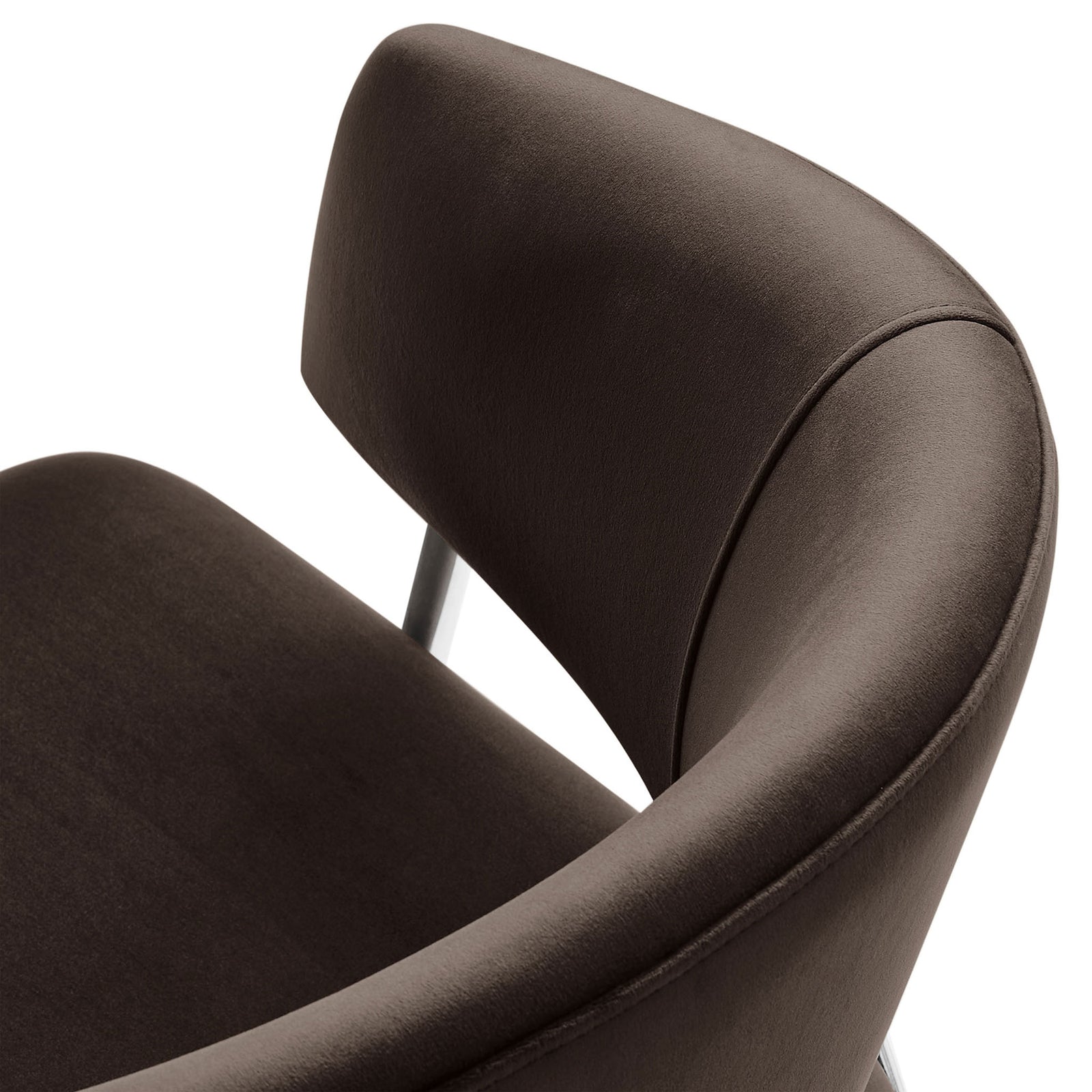 Curved barrel back and smooth performance velvet upholstery add inviting softness to the Nella chair design. || EEI-7046-CHB-SLV || detail_studio