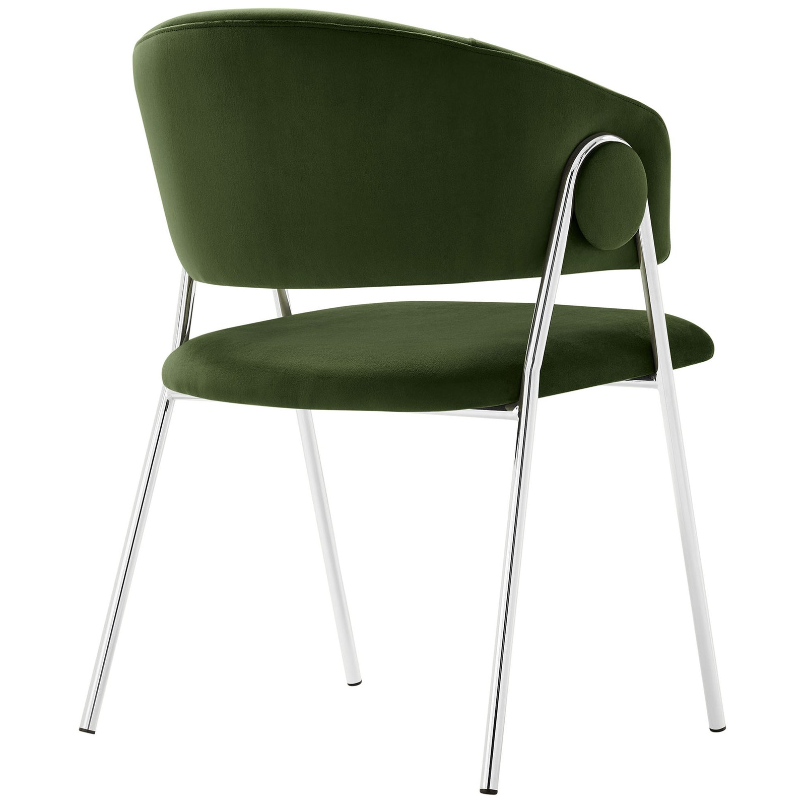 Curved wraparound back of moss green velvet dining chair with polished silver frame || EEI-7046-MOG-SLV || back_angle_studio