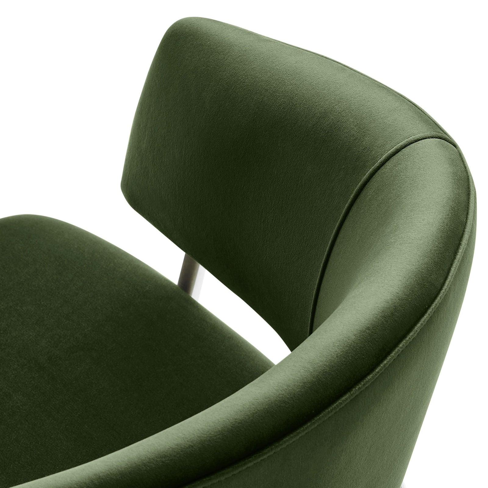 Close view of soft moss green performance velvet upholstery and smooth curved backrest || EEI-7046-MOG-SLV || detail_studio
