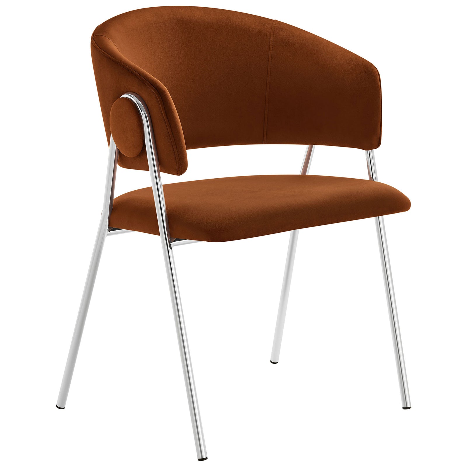 Rust velvet dining chair with curved barrel back and slim silver metal legs || EEI-7046-RUS-SLV || front_angle_studio
