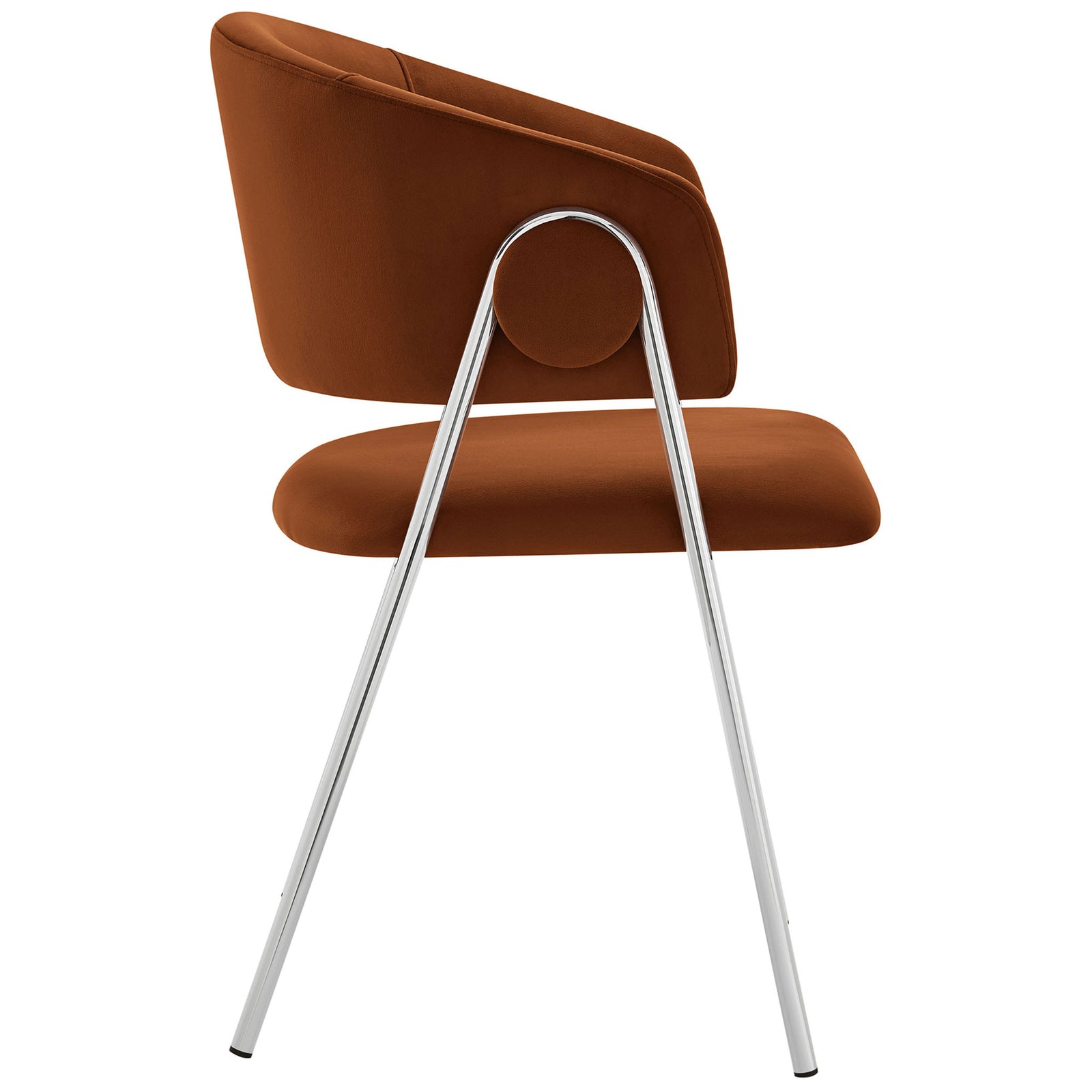 Side profile of rust velvet dining chair showing sleek silver splayed legs || EEI-7046-RUS-SLV || side_studio