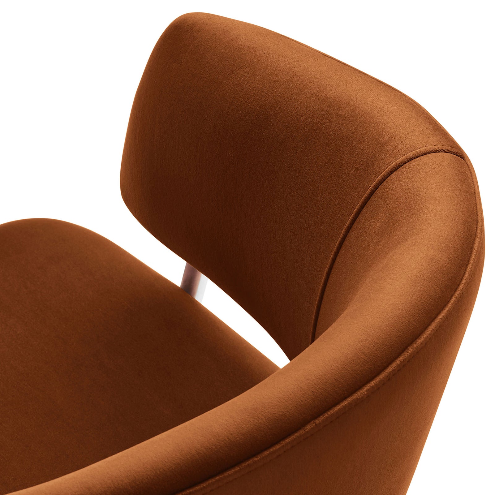 Close-up of rust performance velvet upholstery and smooth curved backrest || EEI-7046-RUS-SLV || detail_studio