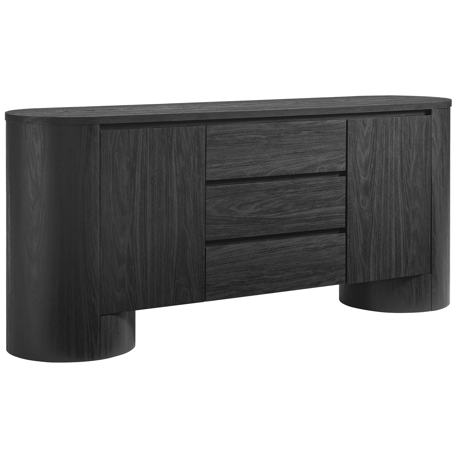 Black oval sideboard with rounded pedestal ends and rich wood grain finish for a refined modern look || EEI-7050-BLK || front_angle_studio