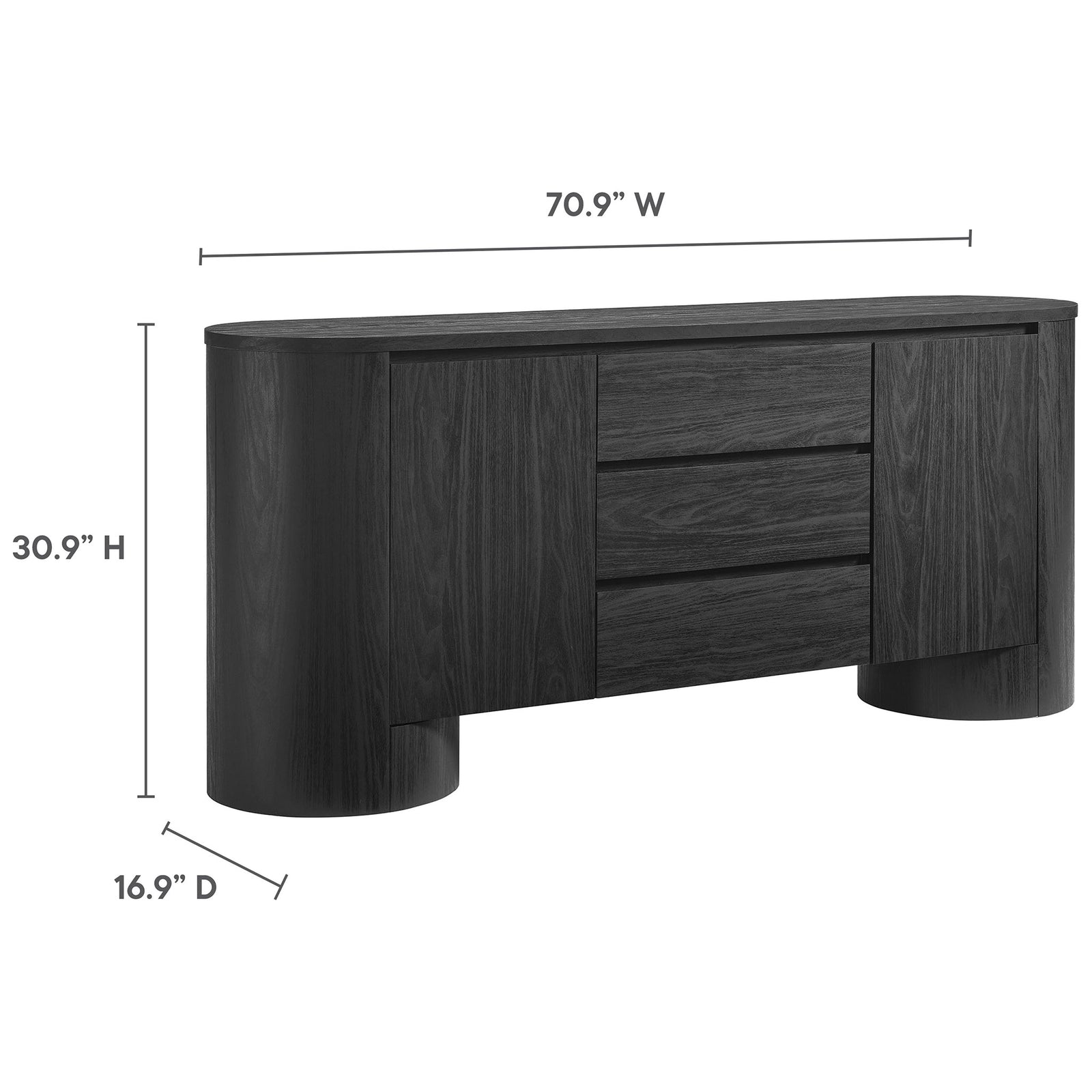 Dimension graphic for the Duval sideboard showing overall width, height, and depth for easy planning || EEI-7050-BLK || dimension_studio