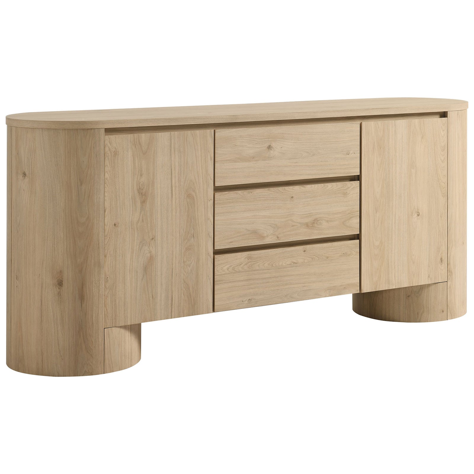 Oval hickory sideboard with three center drawers and twin cabinets for streamlined modern storage || EEI-7050-HCK || front_angle_studio