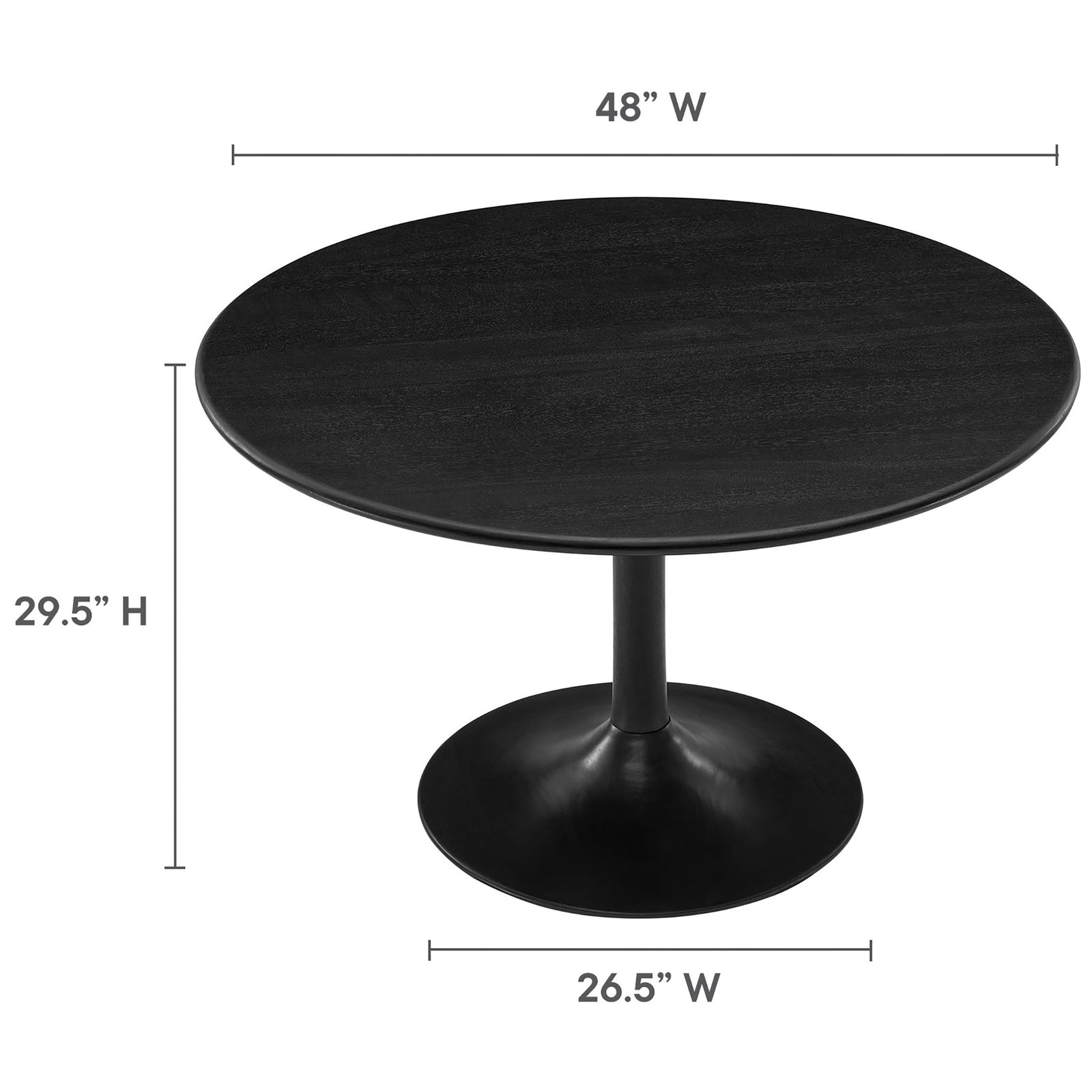 Dimension guide for the black round pedestal dining table with labeled height width and base size || EEI-7051-BLK || dimension_studio