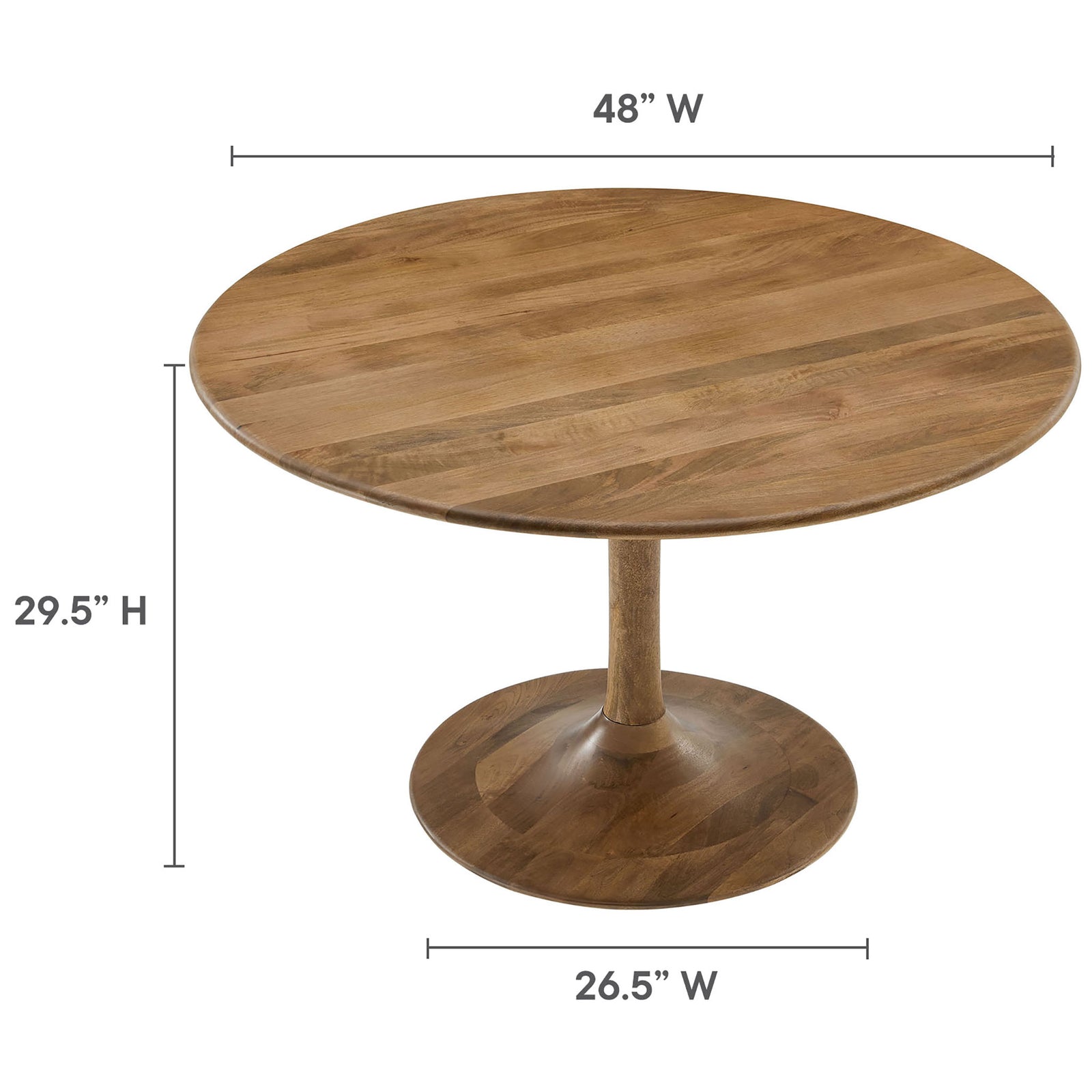 Dimension diagram of round pedestal dining table showing 48 inch width and 29.5 inch height || EEI-7051-NAT || dimension_studio