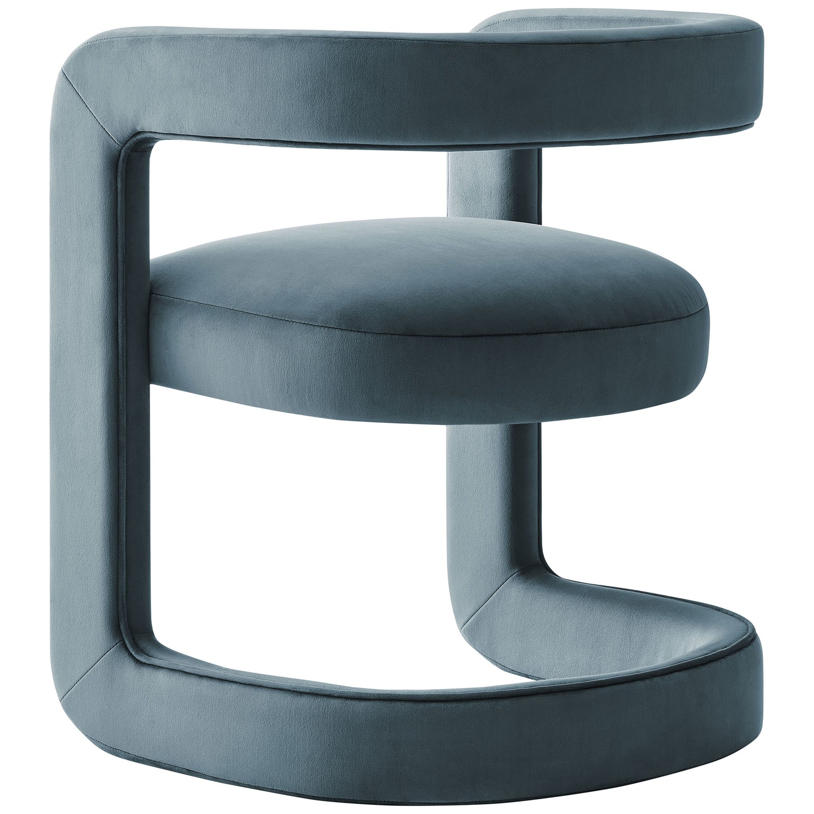 Contemporary cadet blue performance velvet chair emphasizing its airy open back and rounded edges || EEI-7052-CAB || front_angle_studio