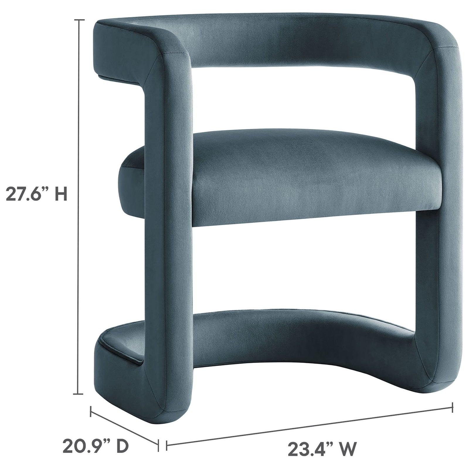 Winslow cadet blue velvet barrel dining chair with labeled dimensions for height, depth, and generous seat width || EEI-7052-CAB || dimension_studio