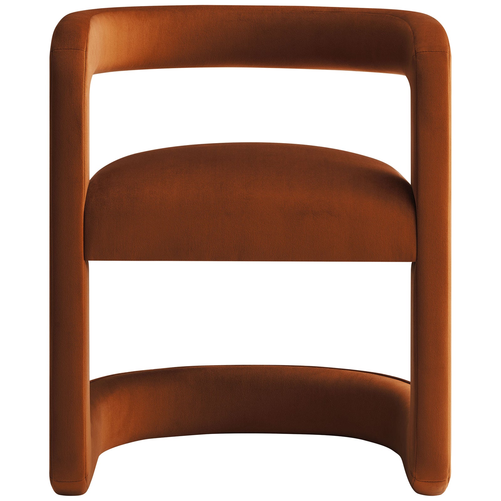 Generously cushioned seat and curved barrel frame in rust performance velvet upholstery || EEI-7052-RUS || front_studio