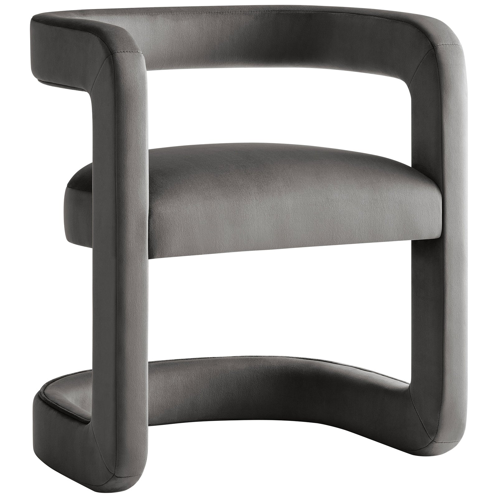 Curved storm gray velvet dining chair with barrel back and plush padded seat for modern comfort. || EEI-7052-STG || front_angle_studio