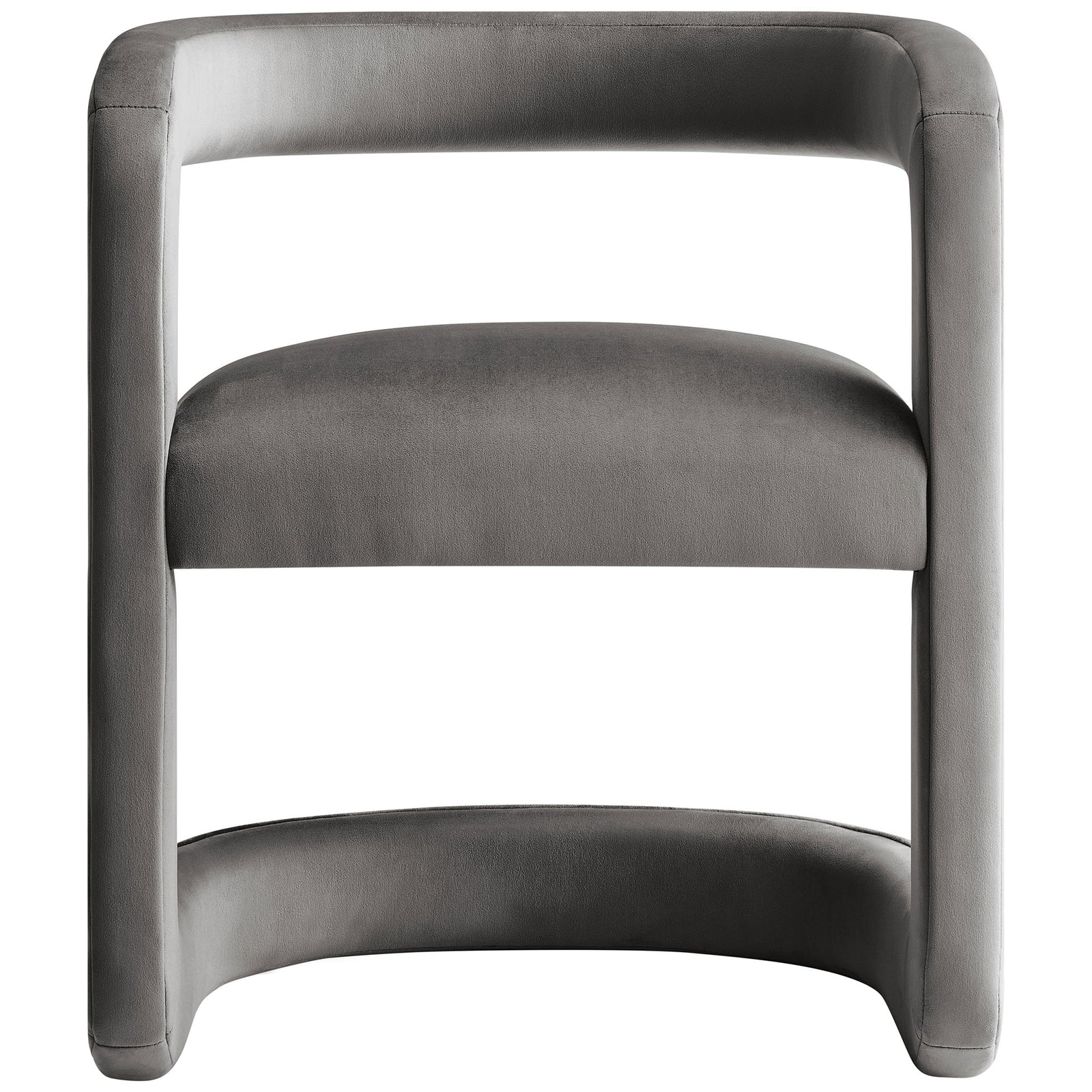 Modern storm gray velvet barrel dining chair with open back and sculpted wraparound base. || EEI-7052-STG || front_studio