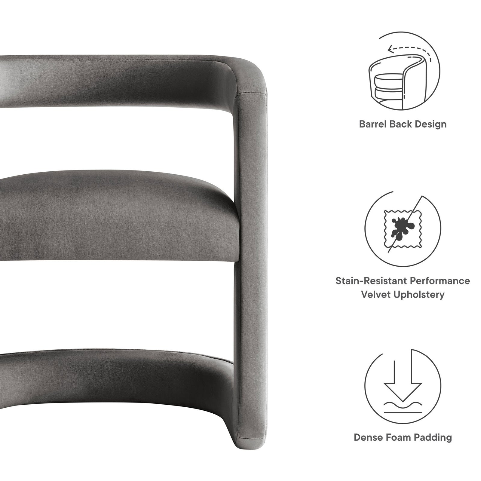 Storm gray velvet barrel dining chair with icons highlighting barrel back, stain resistance, and foam padding. || EEI-7052-STG || callout_studio