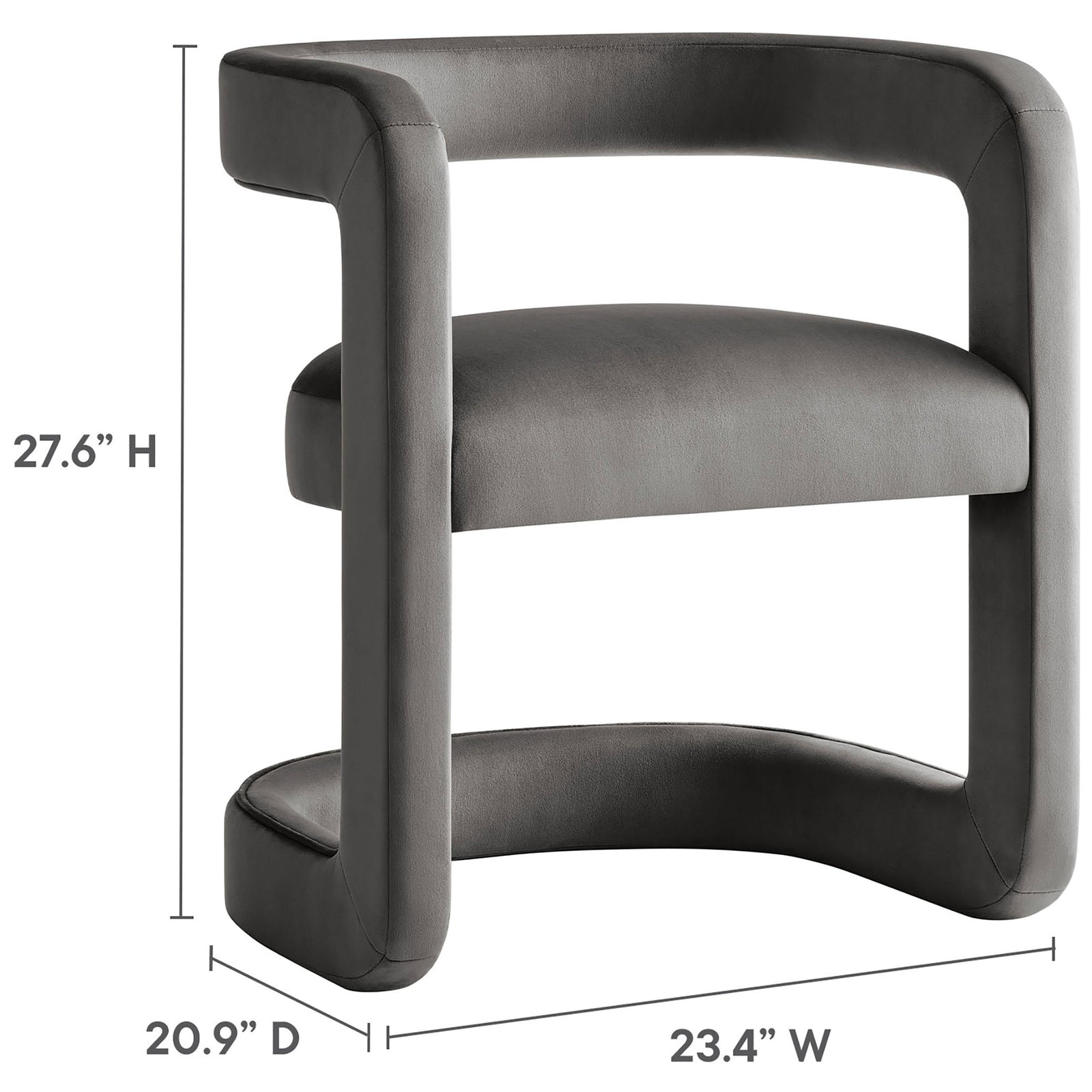 Dimensions of the storm gray barrel dining chair with height, width, and depth measurements. || EEI-7052-STG || dimension_studio