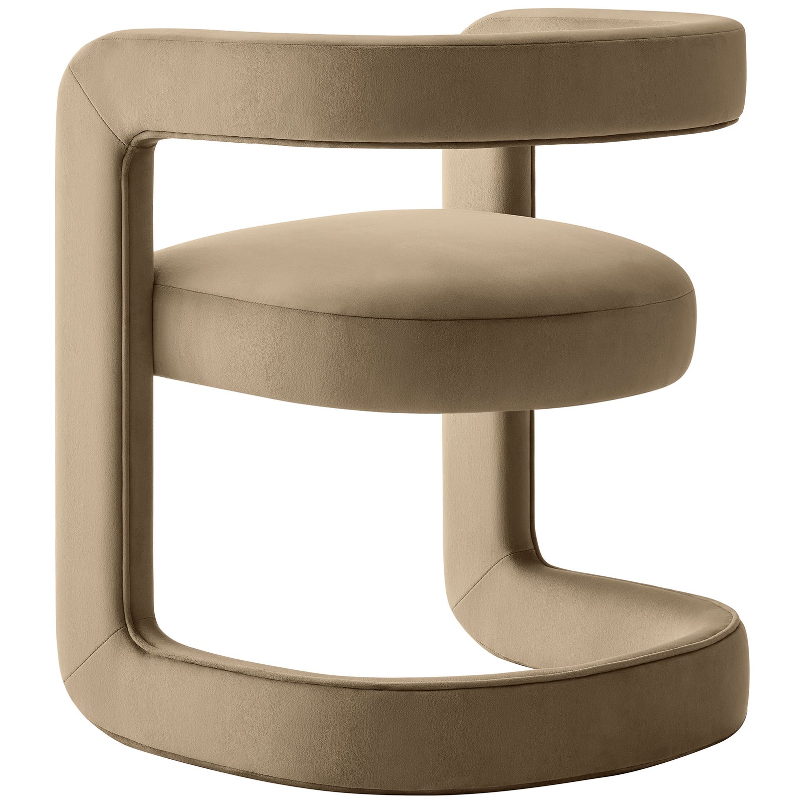 Angled rear view of taupe velvet barrel dining chair highlighting continuous open-back frame. || EEI-7052-TAU || back_angle_studio