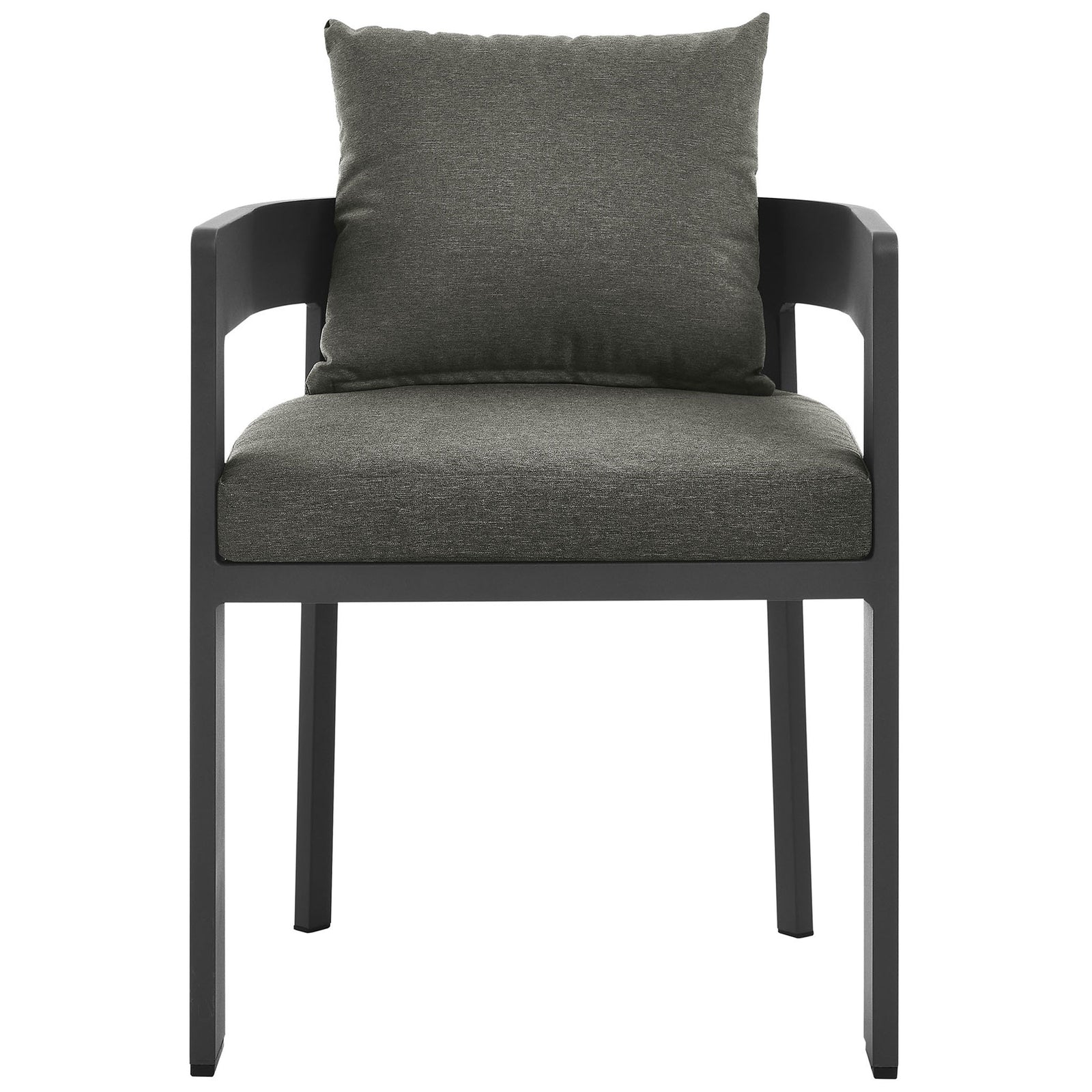 Modern charcoal patio dining chair with curved open back and plush dark gray seat and back cushions || EEI-7053-GRY-CHA || front_studio
