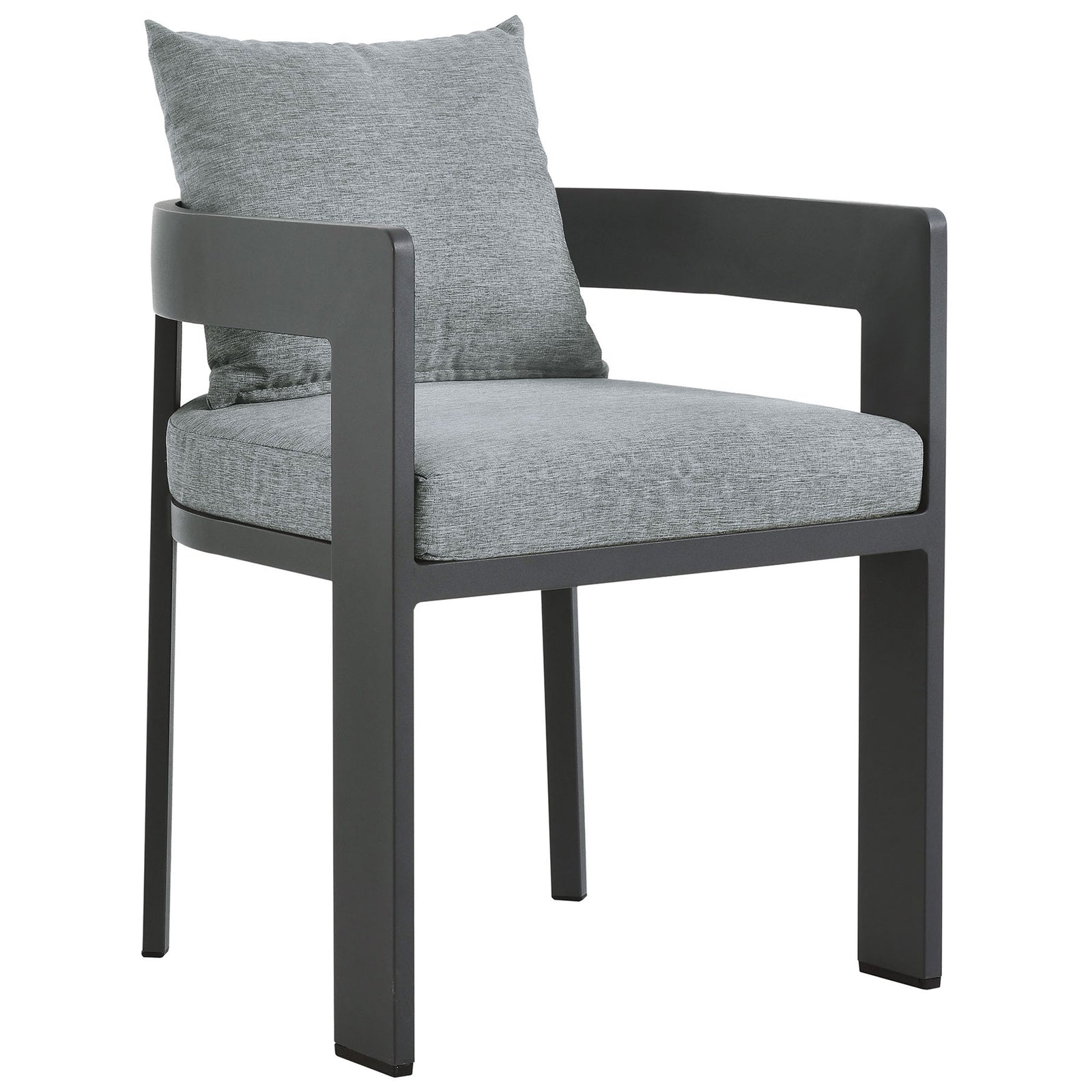 Contemporary outdoor dining chair with sleek charcoal aluminum frame and heather gray cushions || EEI-7053-GRY-GRY || front_angle_studio