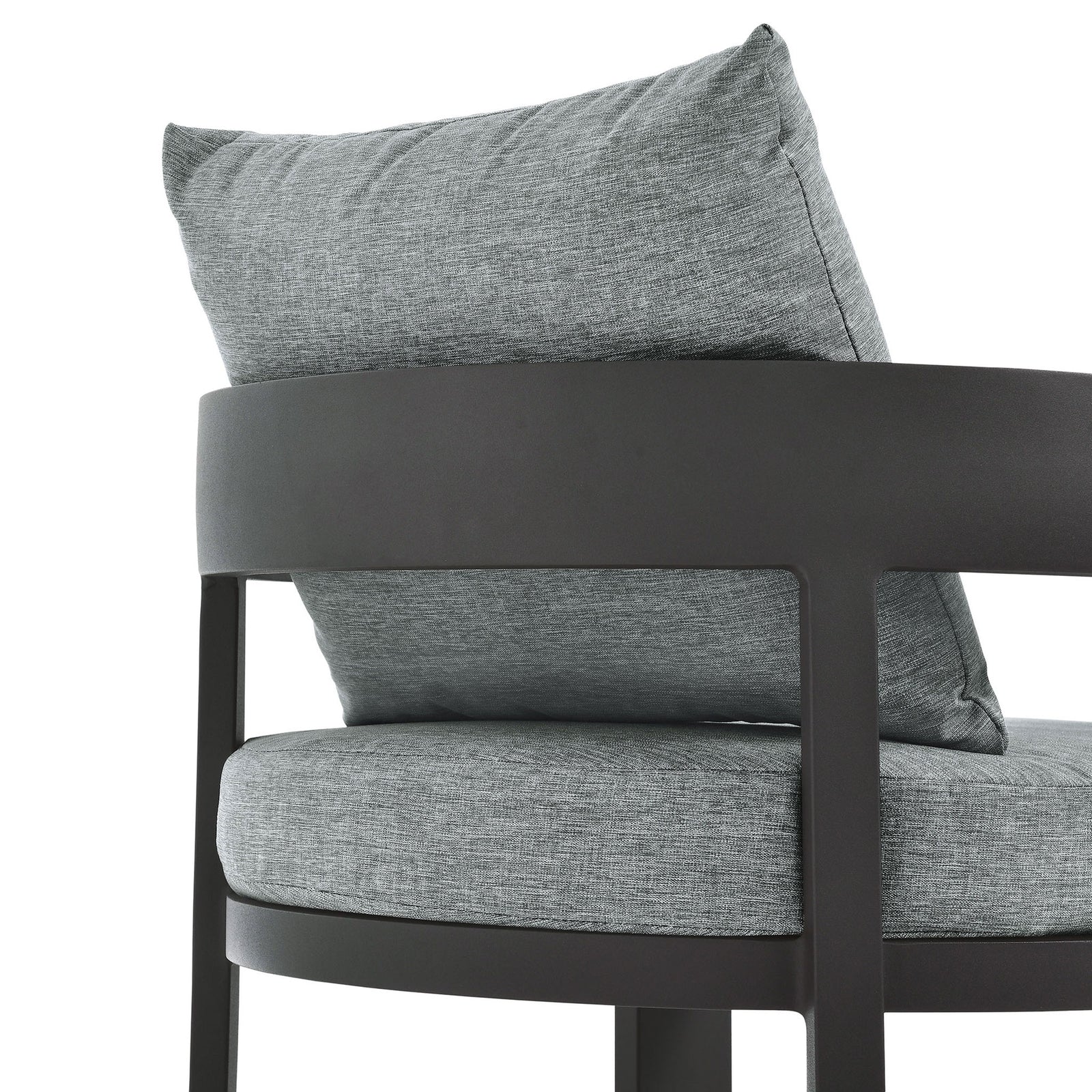 Close-up of curved back rail and soft light gray cushion on the Tahoe patio dining chair || EEI-7053-GRY-GRY || detail_studio