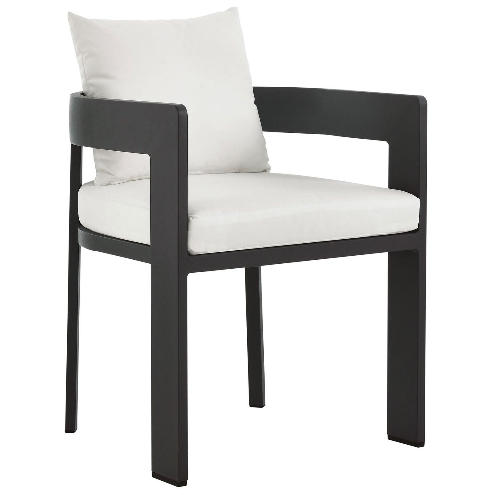Contemporary outdoor dining chair with sleek charcoal aluminum frame and all-white cushions || EEI-7053-GRY-WHI || front_angle_studio