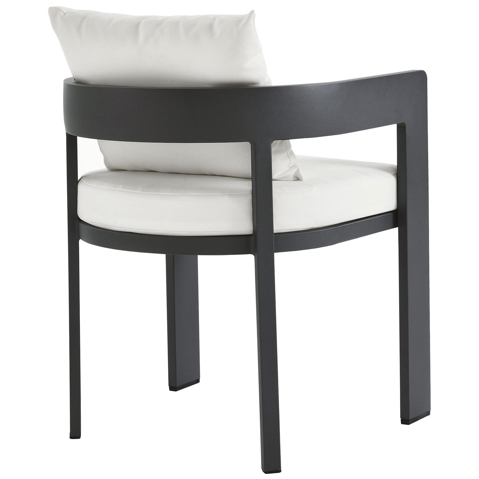 Back view of charcoal dining chair showing open curved frame, slim legs, and plush white cushions || EEI-7053-GRY-WHI || back_angle_studio