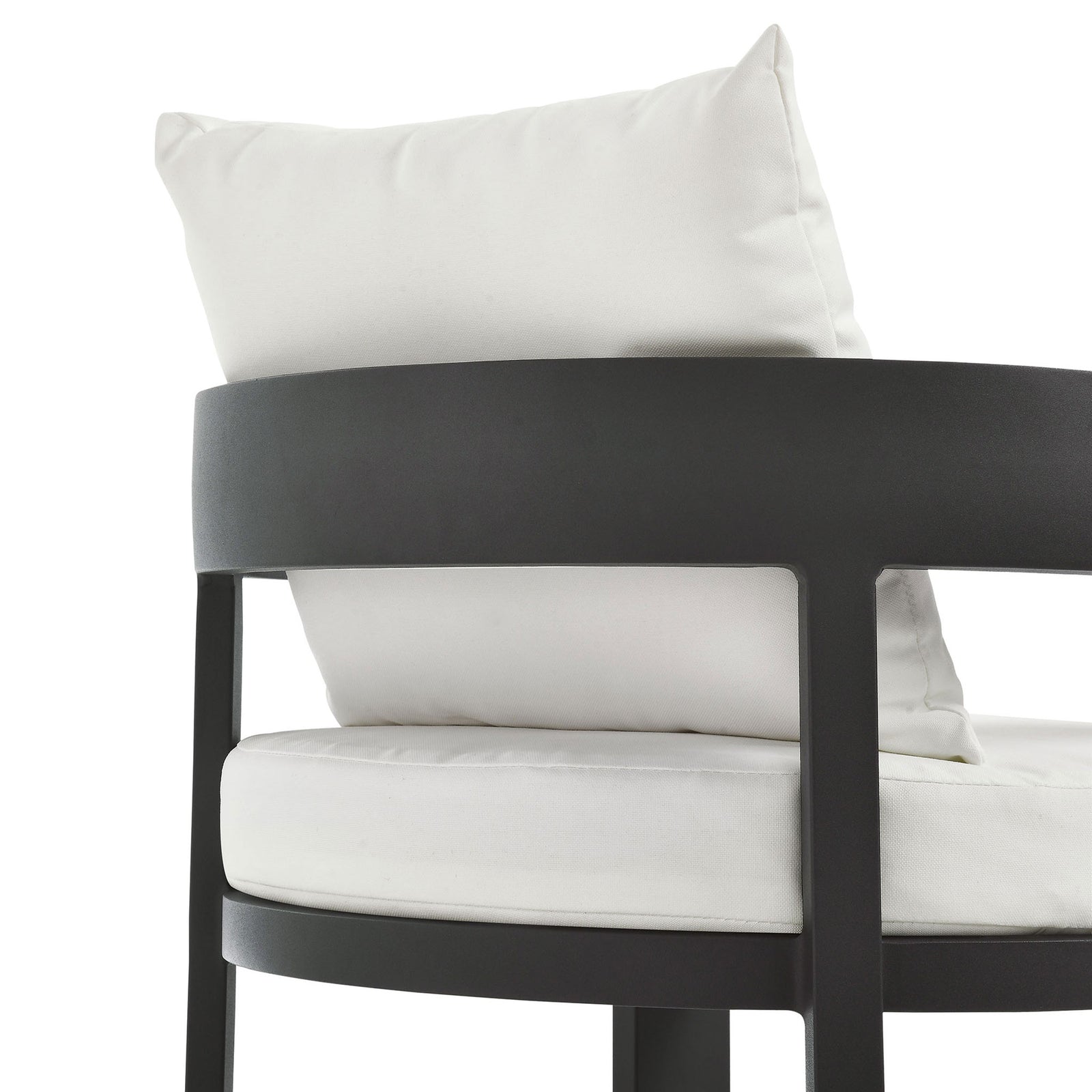 Close-up of curved back rail and soft white cushion on the Tahoe patio dining chair || EEI-7053-GRY-WHI || detail_studio