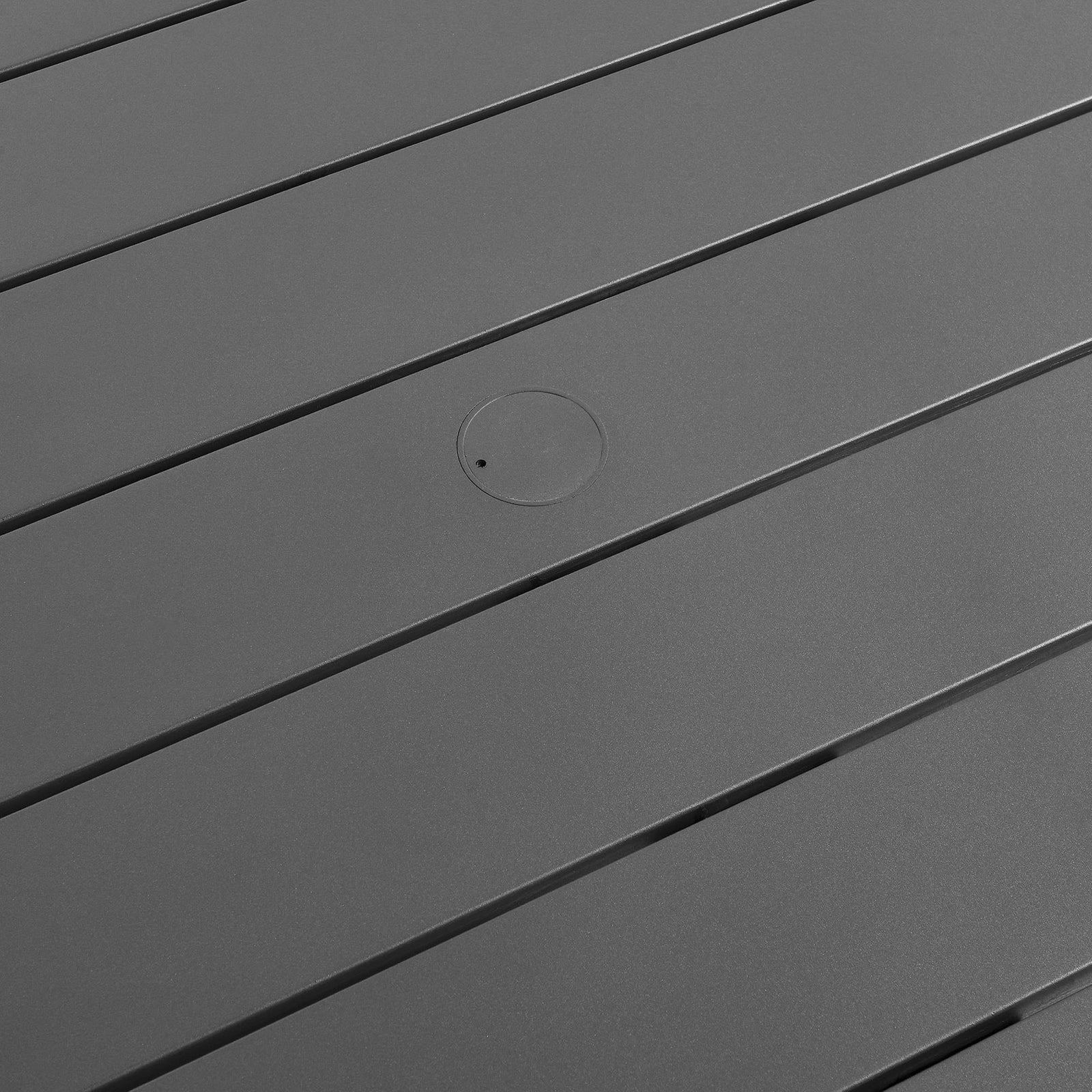 Tahoe table umbrella hole with fitted lid set into the sleek slatted tabletop. || EEI-7054-GRY || detail_studio