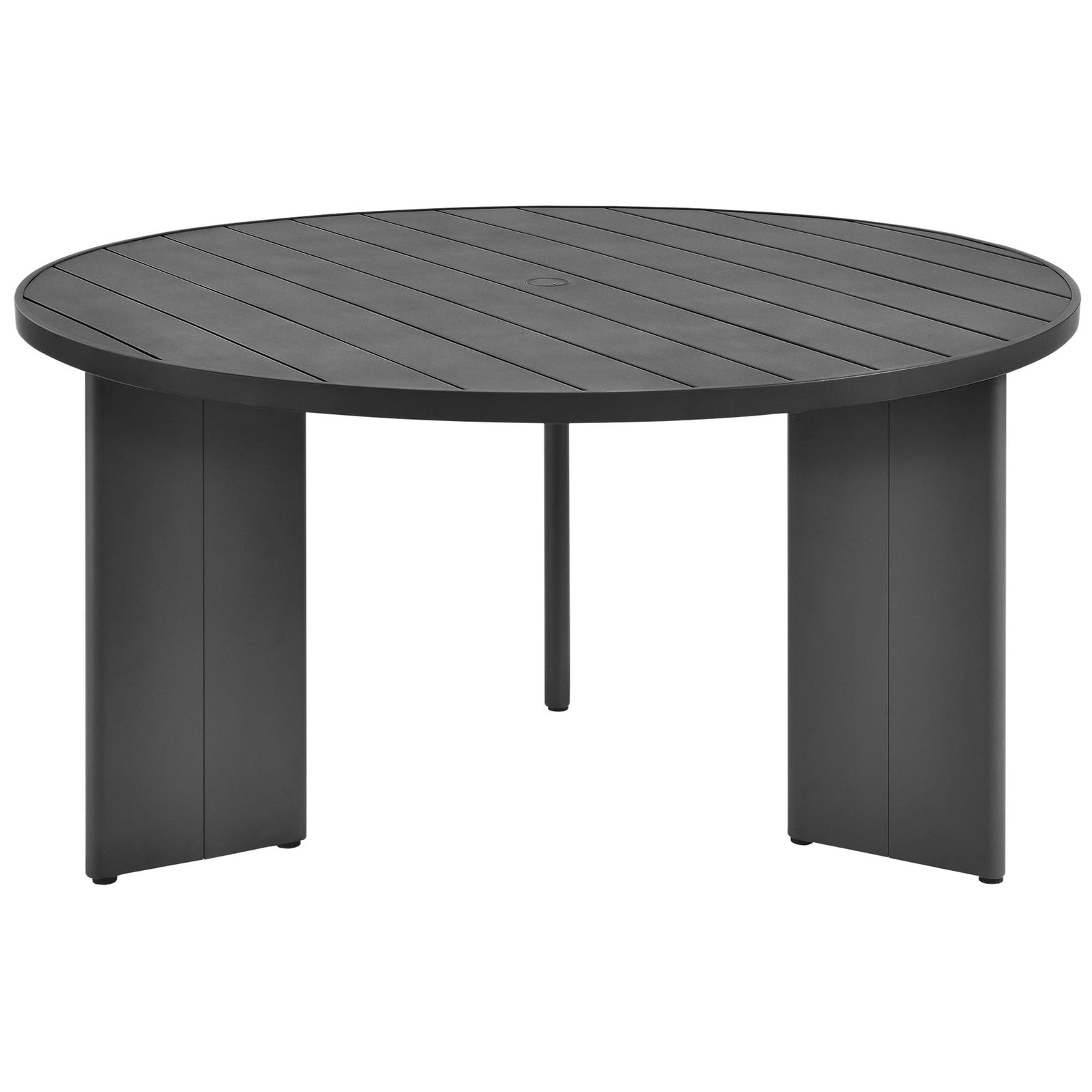 Round gray outdoor dining table with bold panel legs and slatted aluminum top. || EEI-7055-GRY || front_angle_studio