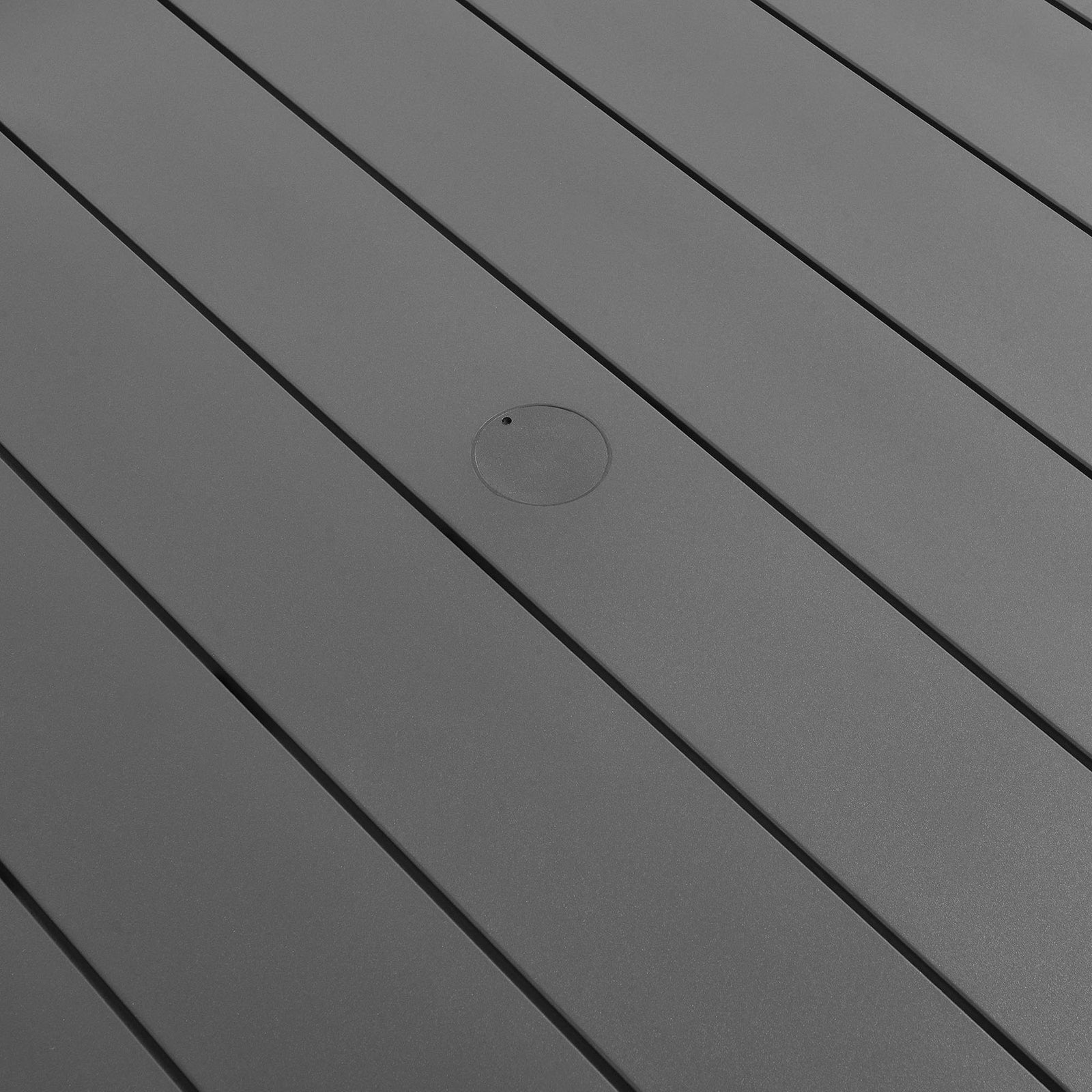 Umbrella hole with fitted lid sits neatly at the center of the Tahoe round slatted tabletop. || EEI-7055-GRY || detail_studio