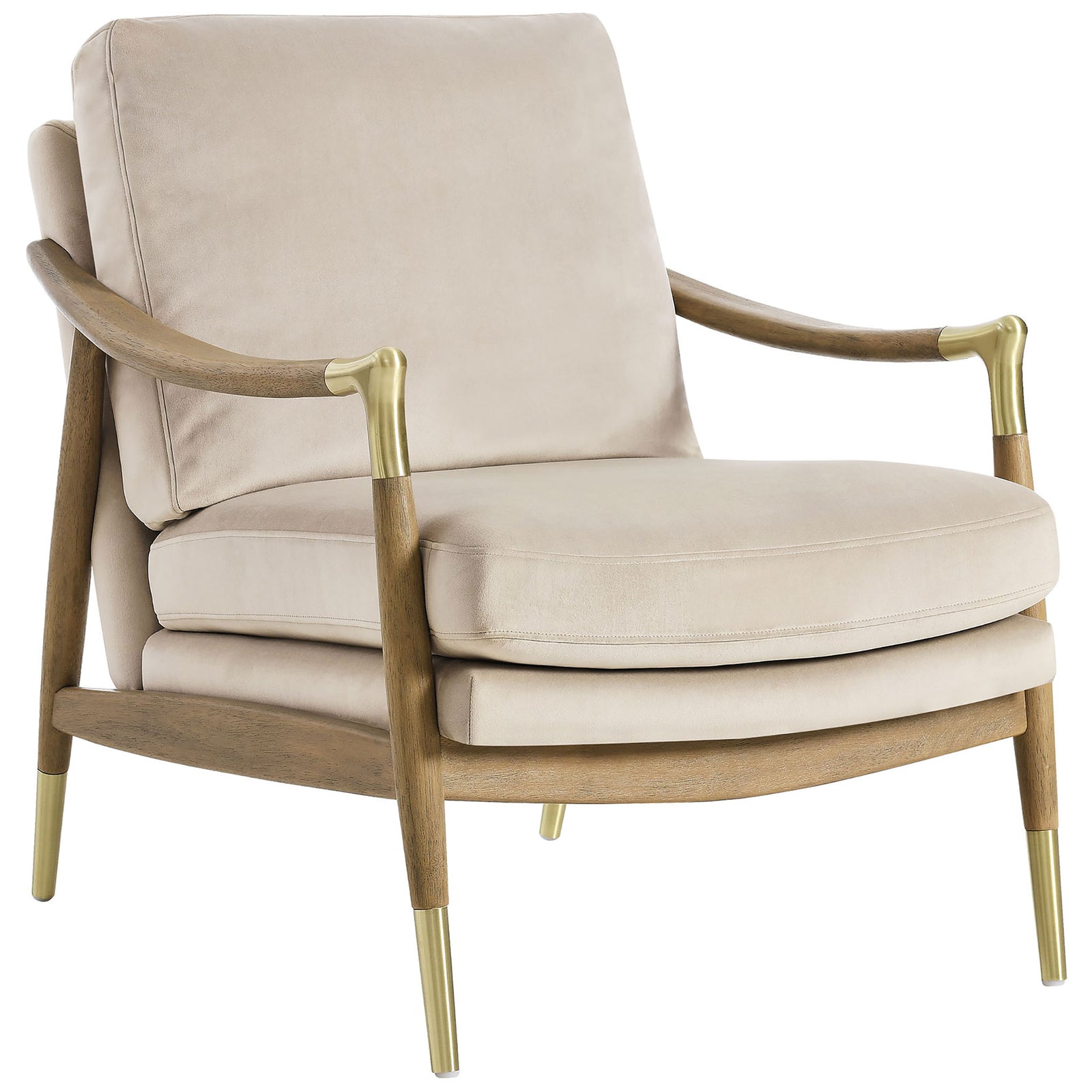 Curved open-arm design pairs plush performance velvet with brass-capped legs and refined walnut tones || EEI-7056-ALM-WAL || front_angle_studio