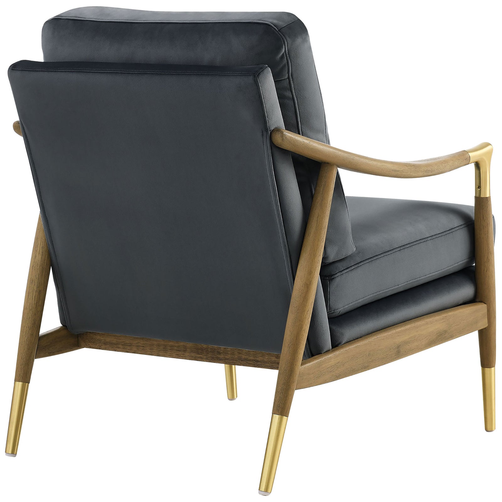 Tailored back cushion and contoured walnut frame finished with brass-capped legs || EEI-7056-CAB-WAL || back_angle_studio