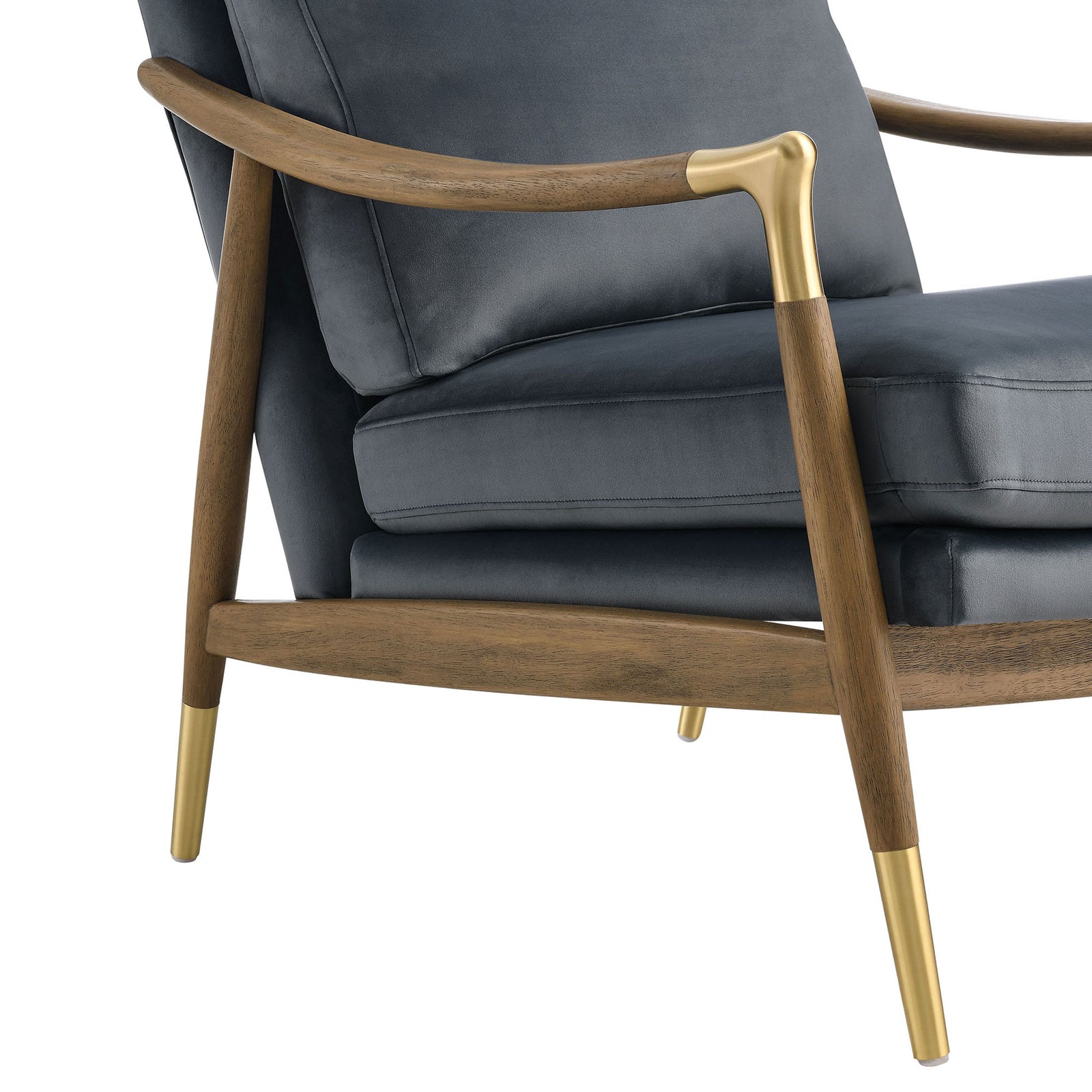 Sculpted wood arm meets tapered brass-capped leg beside the cushioned performance velvet seat || EEI-7056-CAB-WAL || leg_studio