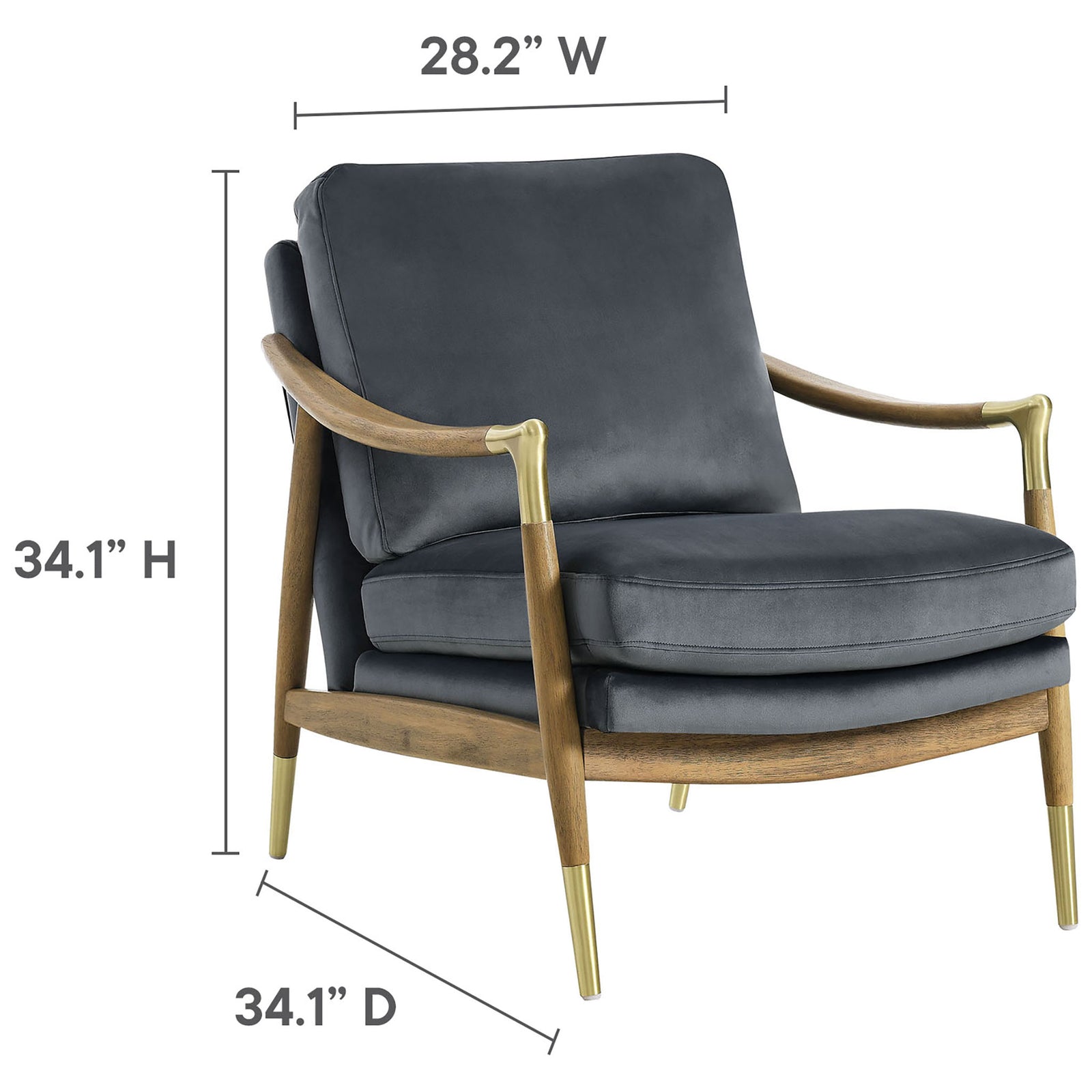 Size details for the velvet armchair with curved wood frame and brass-capped legs || EEI-7056-CAB-WAL || dimension_studio